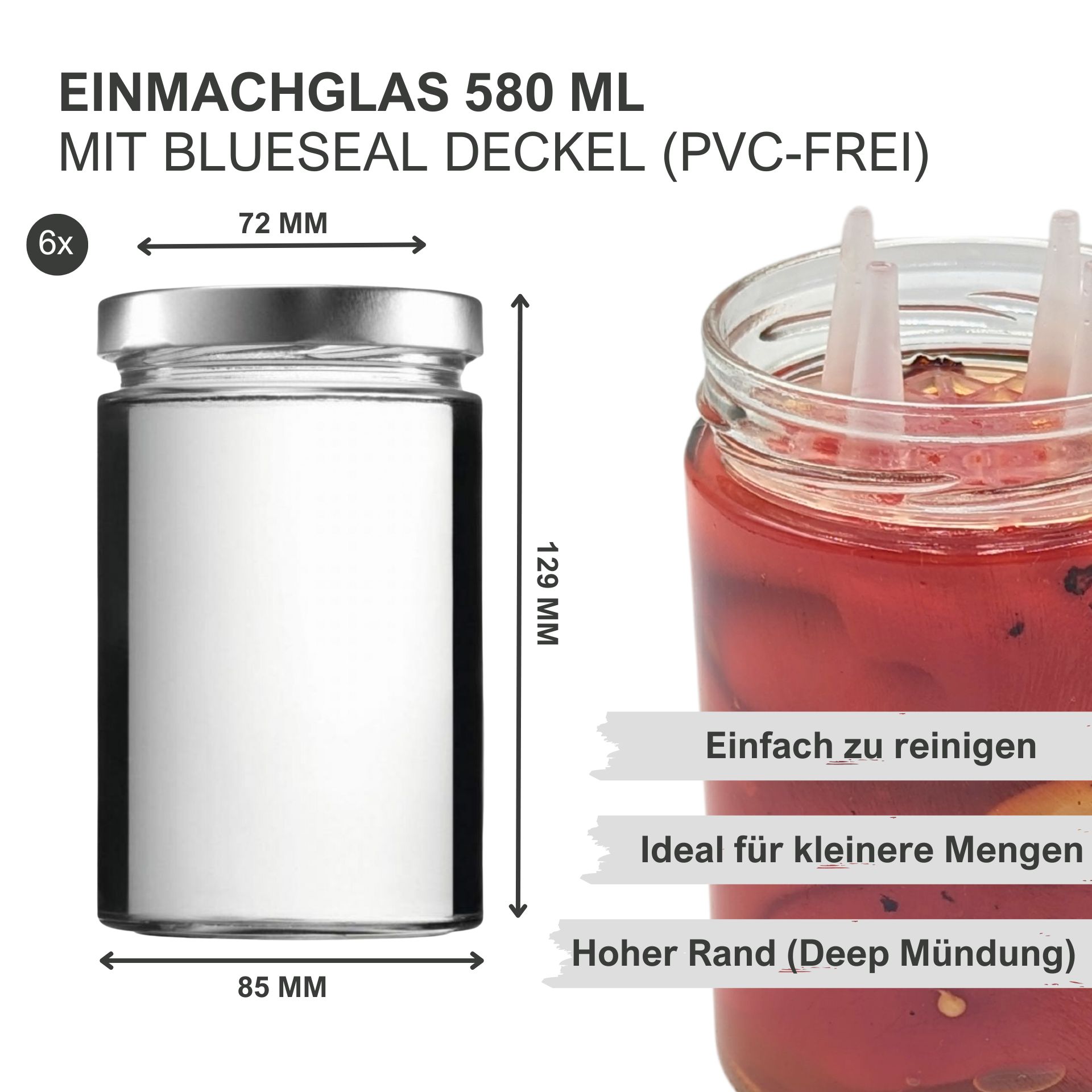 Sechs leere, transparente 580-ml-Fermentiergläser mit Deckeln und Fermentieraufsätzen aus Kunststoff, ordentlich nebeneinander auf weißem Hintergrund angeordnet.
