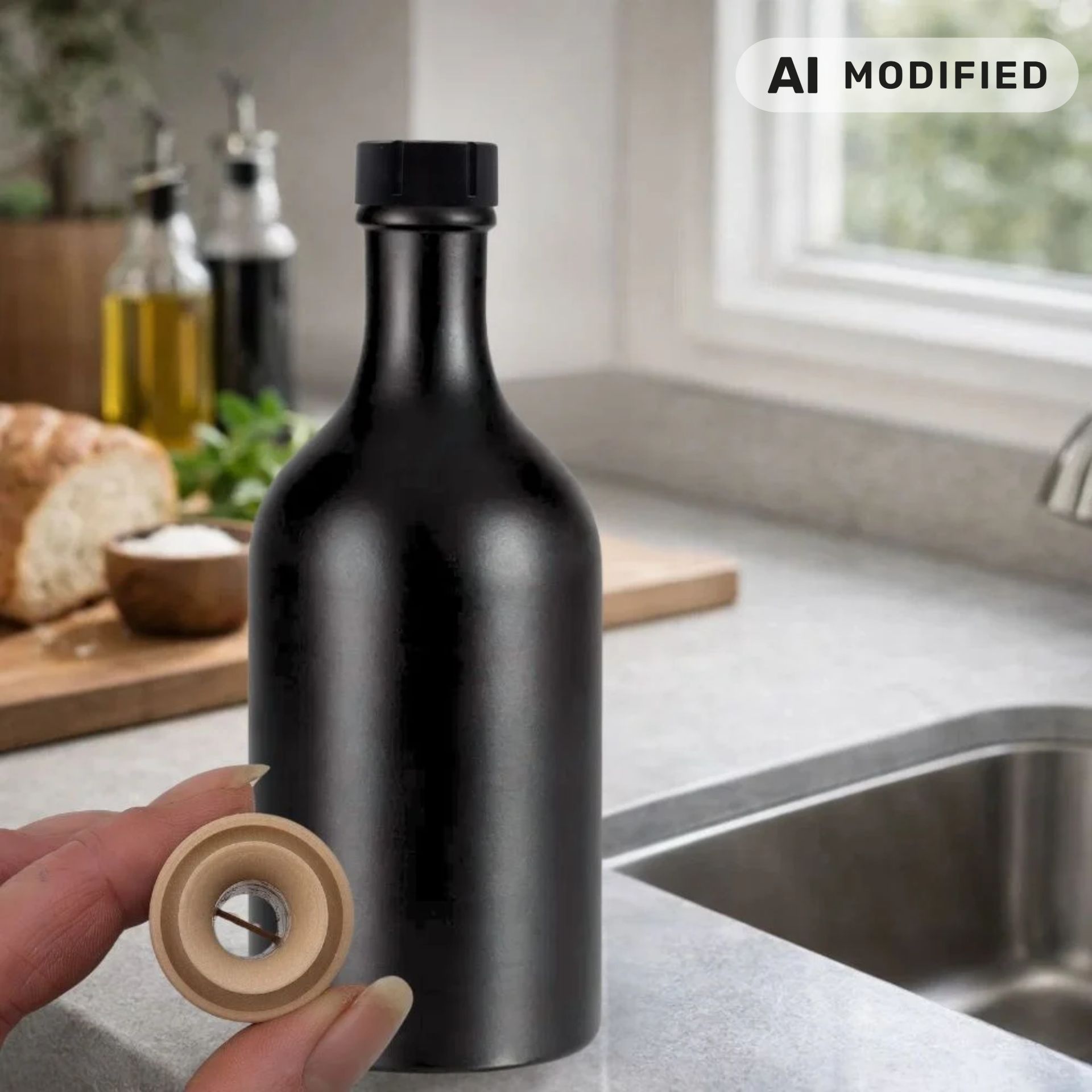 Ölflasche 500 ml Steingut schwarz mit Ausgießer und Stopfen-Kappe