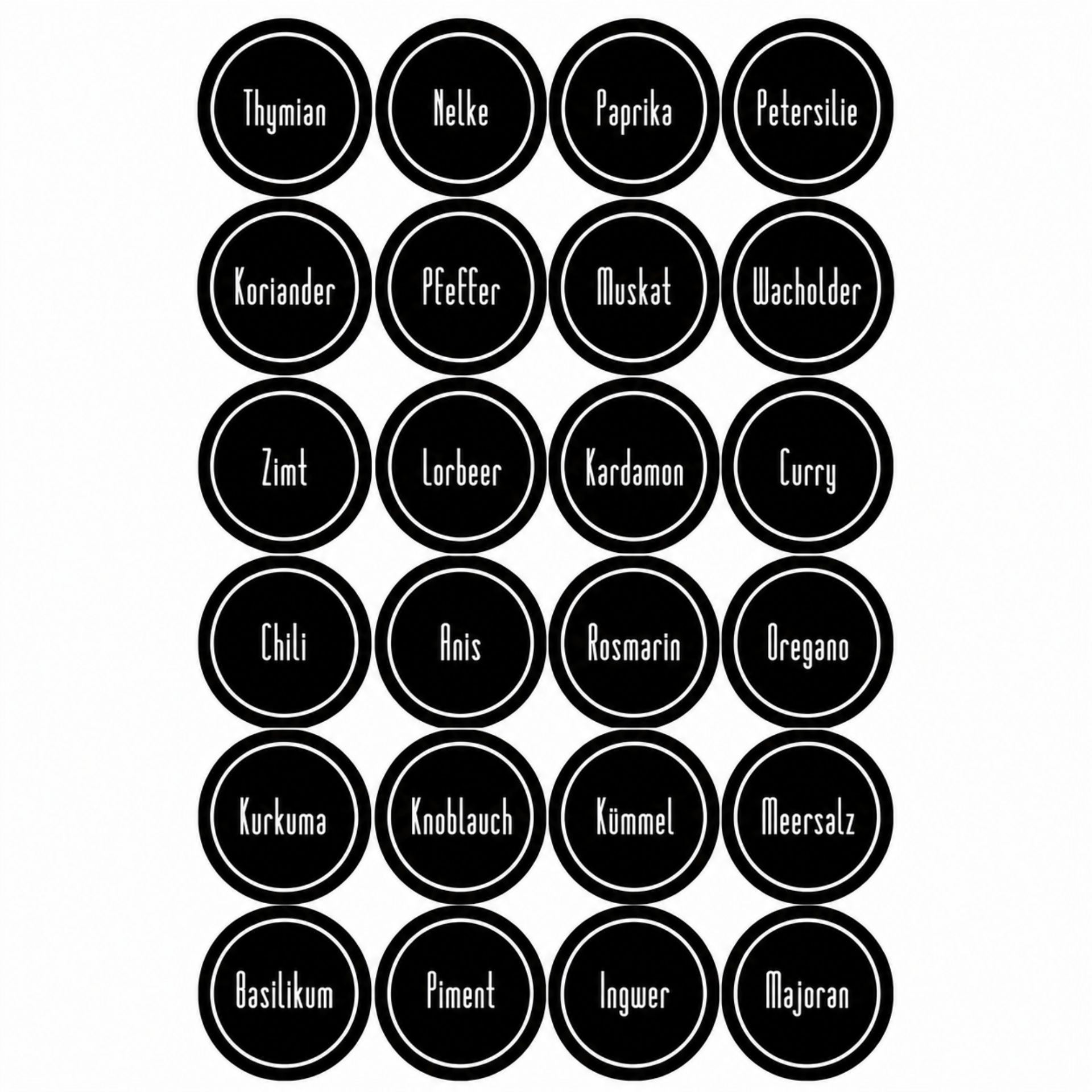 Runde Gewürzetiketten im modernen Design auf einem Bild mit insgesamt 24 verschiedenen Etiketten, ideal für die Beschriftung von Gewürzdosen, Gläsern und Behältern.