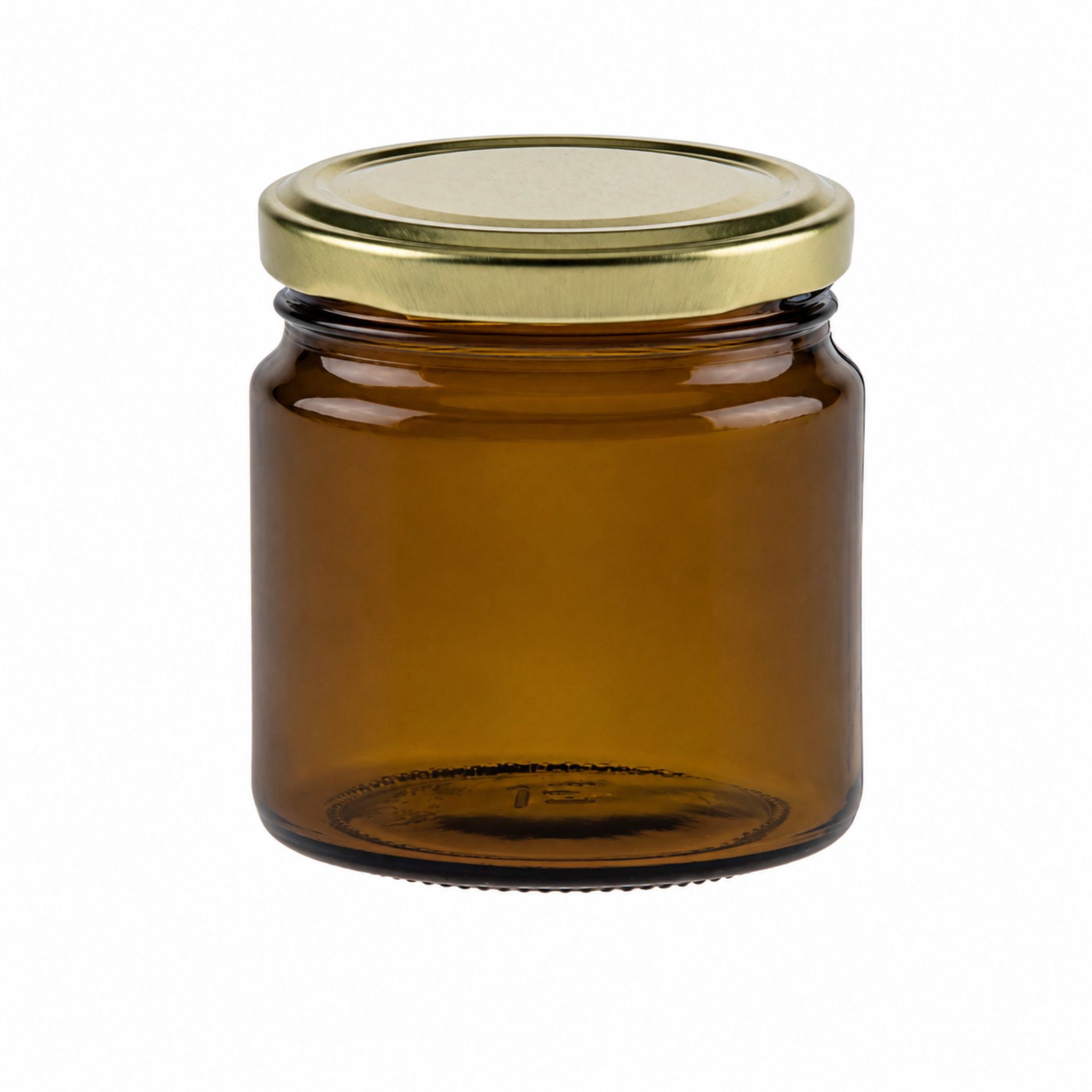 Ein braunes Einmachglas mit 215 ml Fassungsvermögen und goldfarbenem Schraubdeckel, stehend auf weißem Hintergrund.