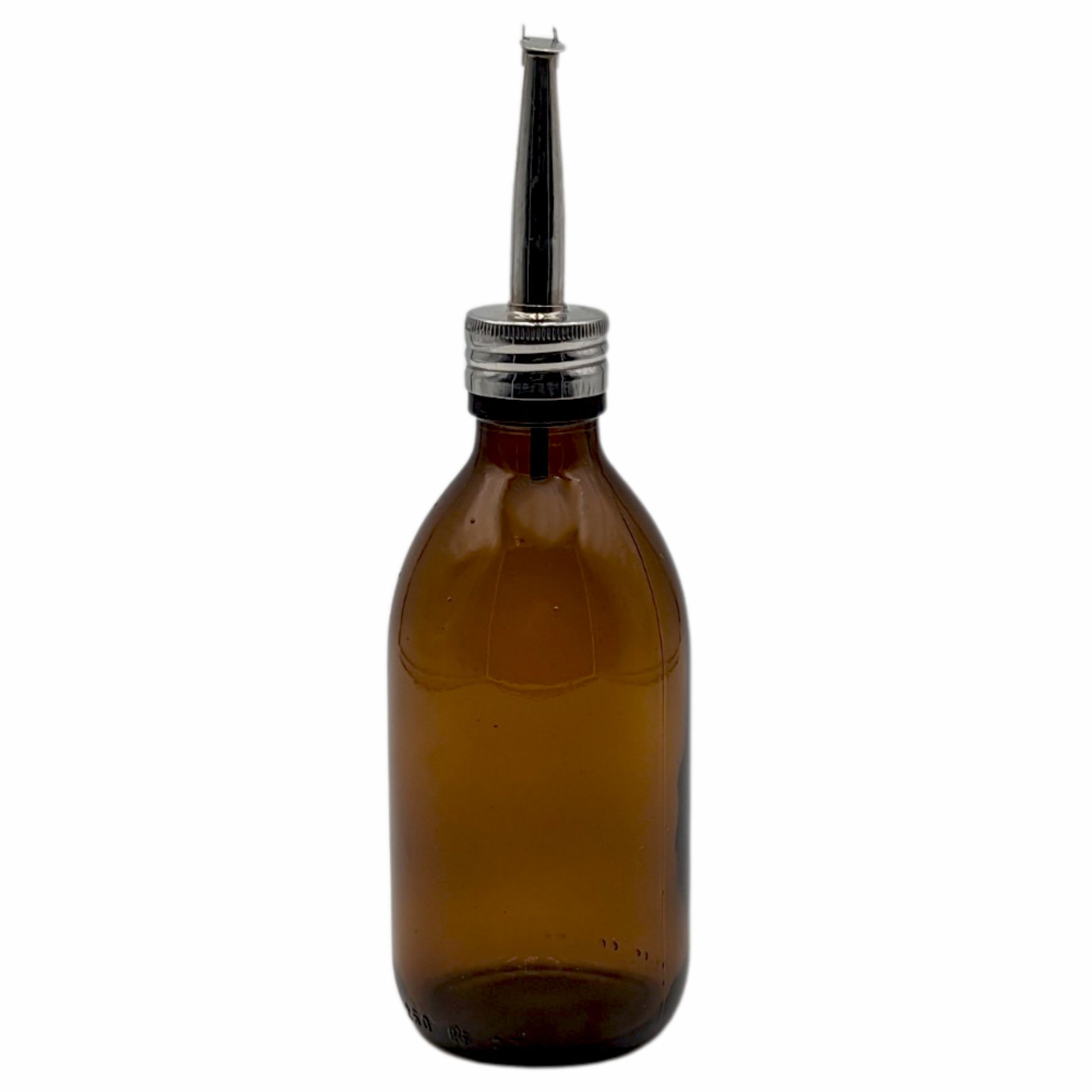 Apothekerflasche aus klarem Glas mit 250 ml Fassungsvermögen, ausgestattet mit einem Ausgießer aus Edelstahl; die Flasche steht aufrecht vor neutralem Hintergrund.