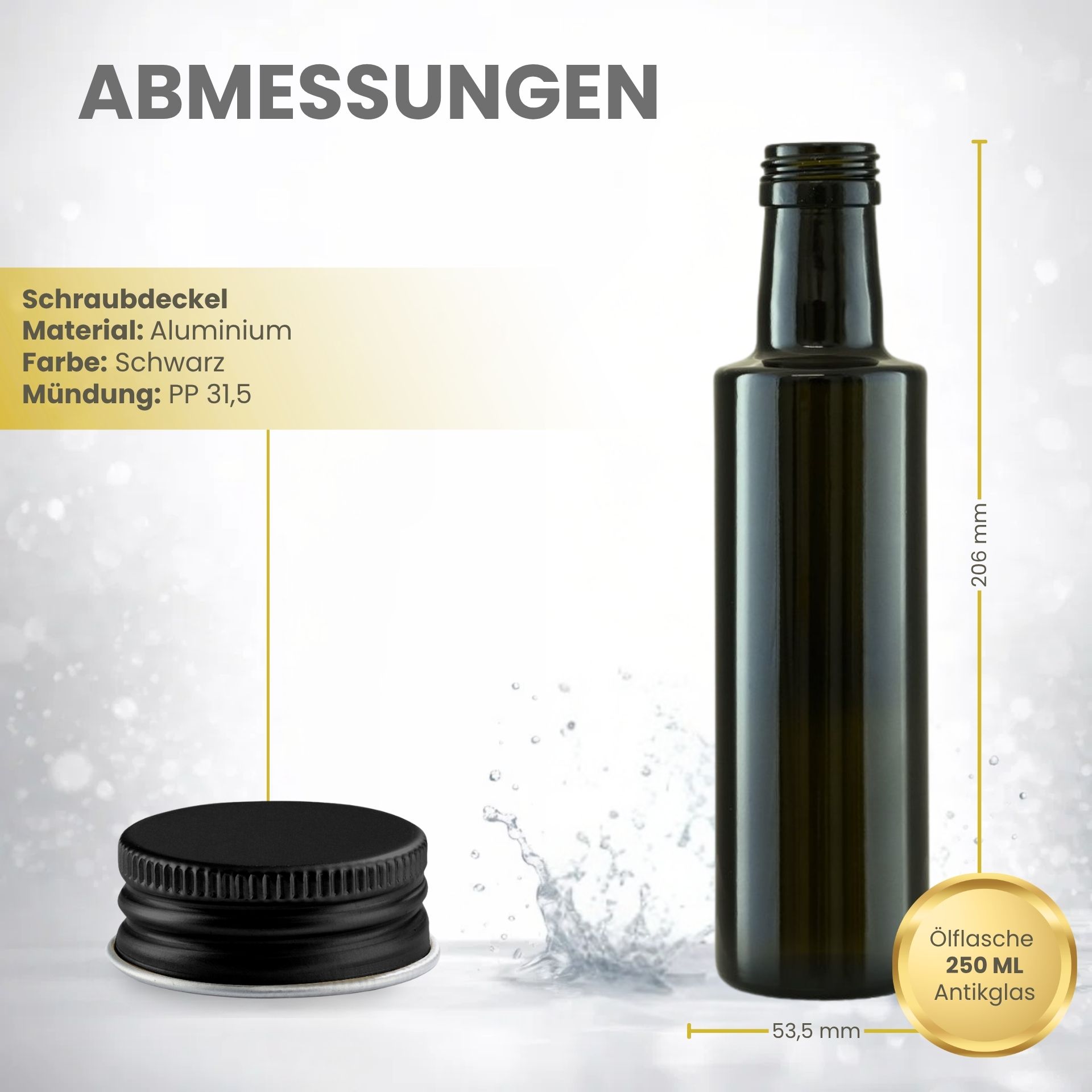 Glasflasche 250 ml rund Antik mit Deckel Schwarz