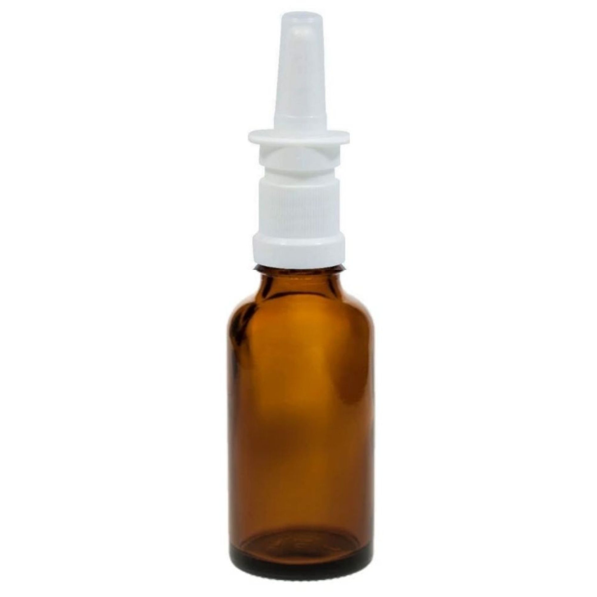 "Nasenspray-Flasche 30 ml – Produktbild" Braune 30-ml-Nasensprayflasche aus Glas mit weißem Sprühkopf und transparenter Schutzkappe vor weißem Hintergrund.