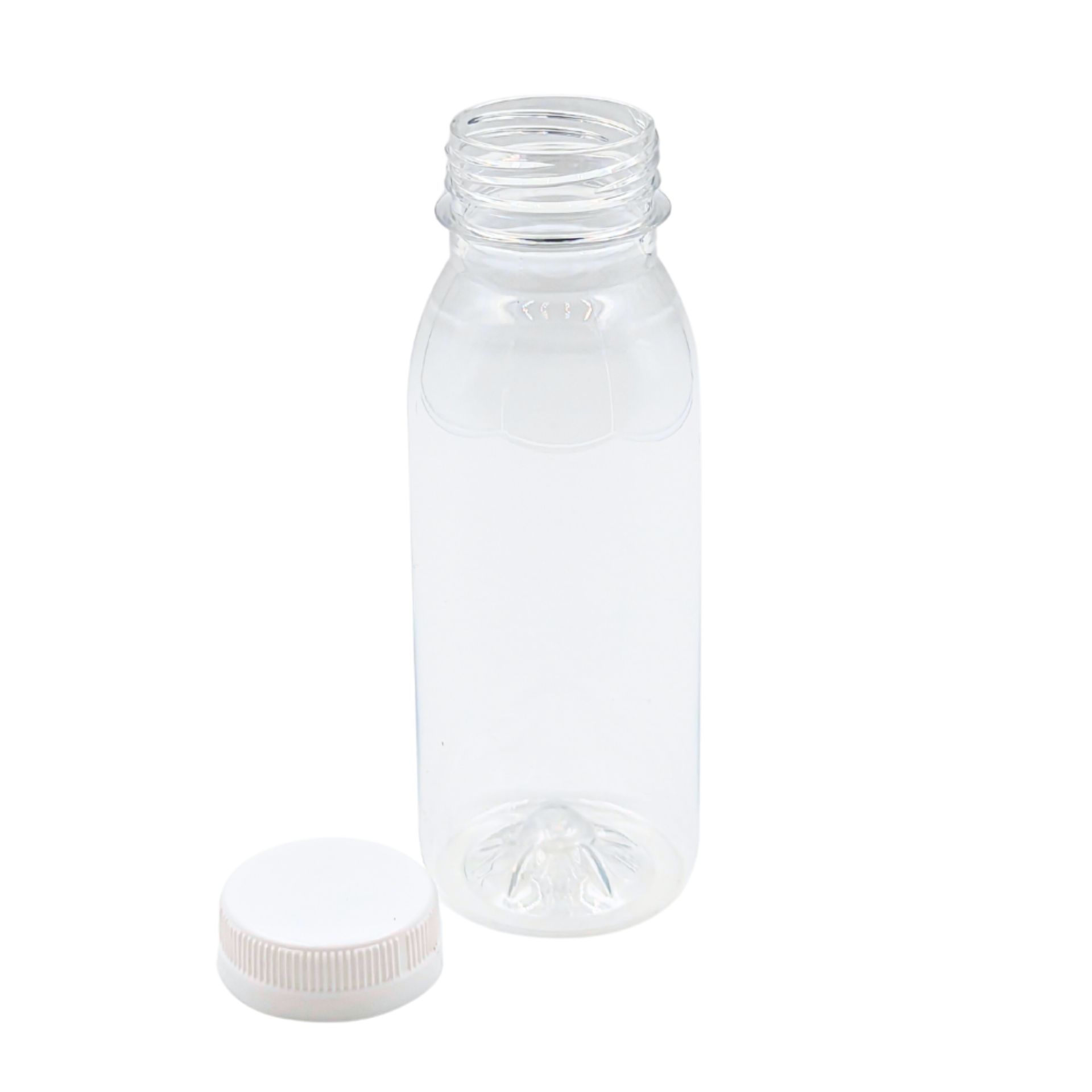 Transparente 250-ml-Smoothieflasche aus Kunststoff mit grünem Deckel, aufrecht stehend, vor weißem Hintergrund.
