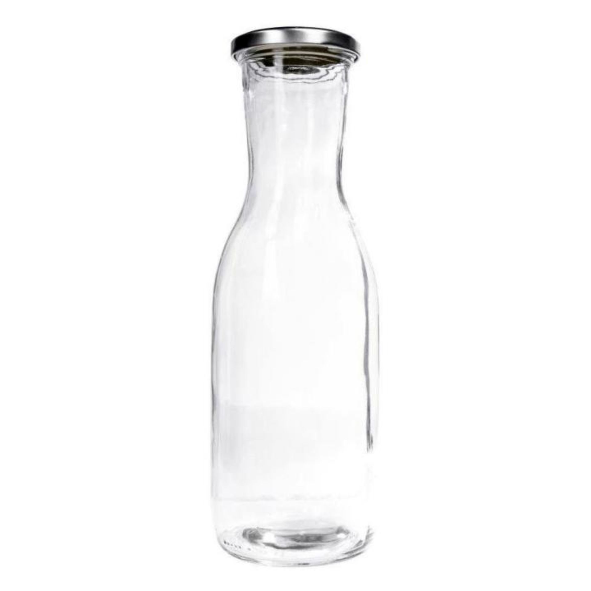 Transparente 1-Liter-Glasflasche mit Bügelverschluss, stehend auf weißem Hintergrund, leicht von vorne und oben fotografiert.