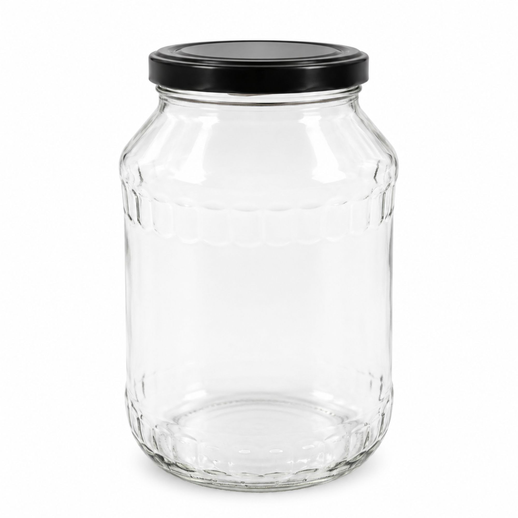 Großes transparentes Vorratsglas mit schwarzem Schraubverschluss, leer und auf weißem Hintergrund stehend.
