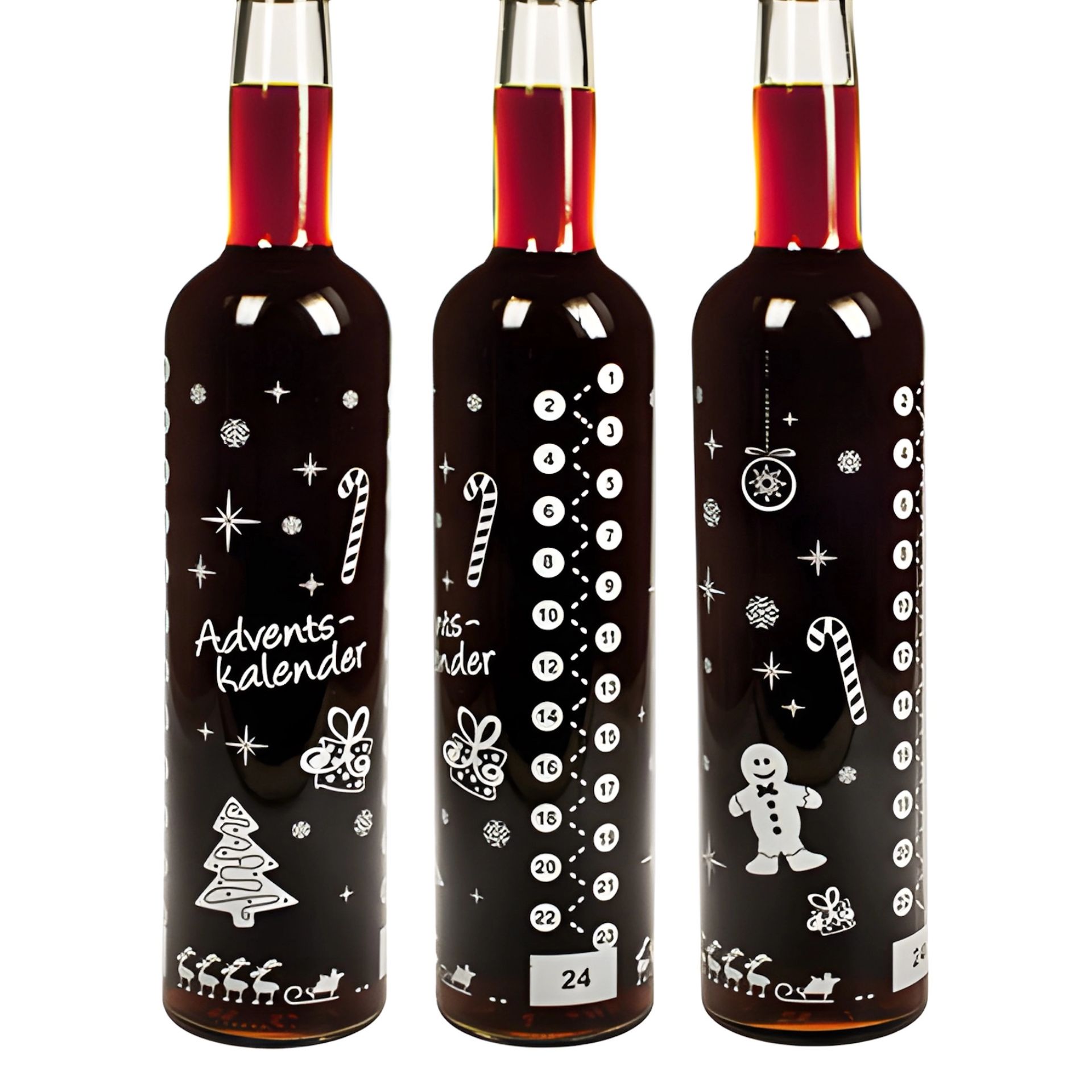 Weiße Glasflasche mit rotem Schraubdeckel, beschriftet mit „Adventskalender“ in roter Schrift, nummeriert von 1 bis 24 als Design-Element.
