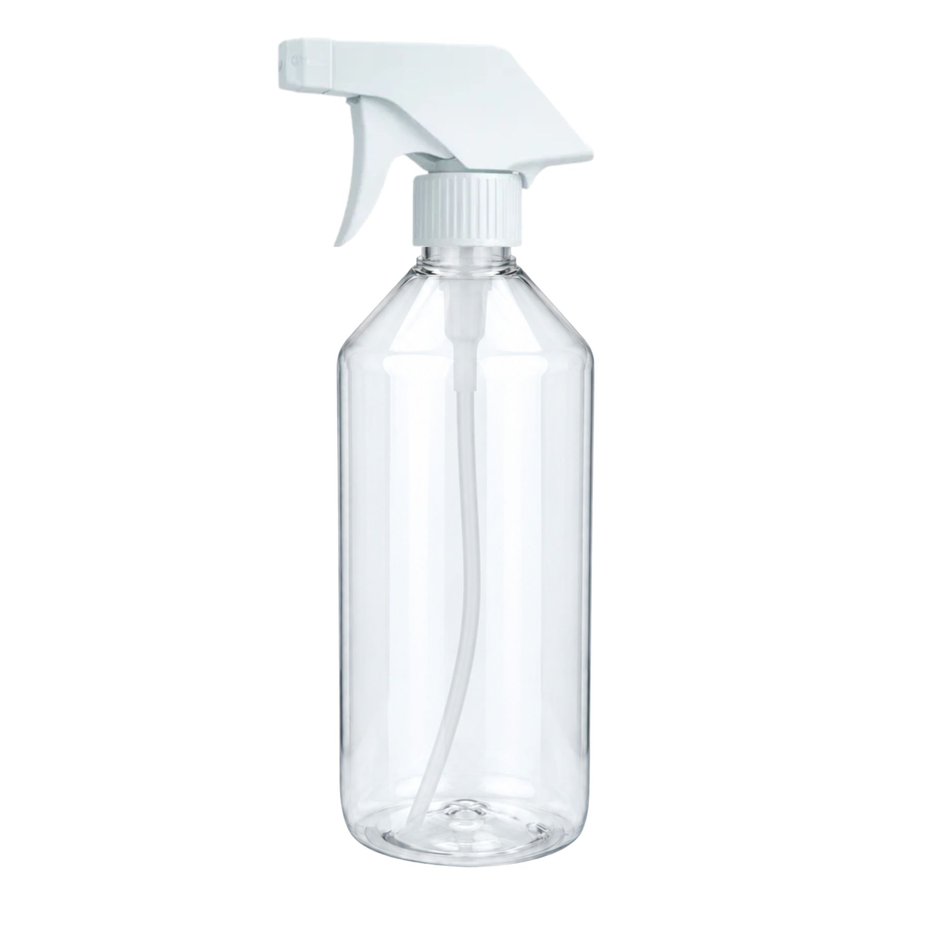Klare Laborflasche aus Glas mit 500 ml Fassungsvermögen, ausgestattet mit einer weißen Sprühpistole und transparentem Steigrohr, stehend auf neutralem Hintergrund.