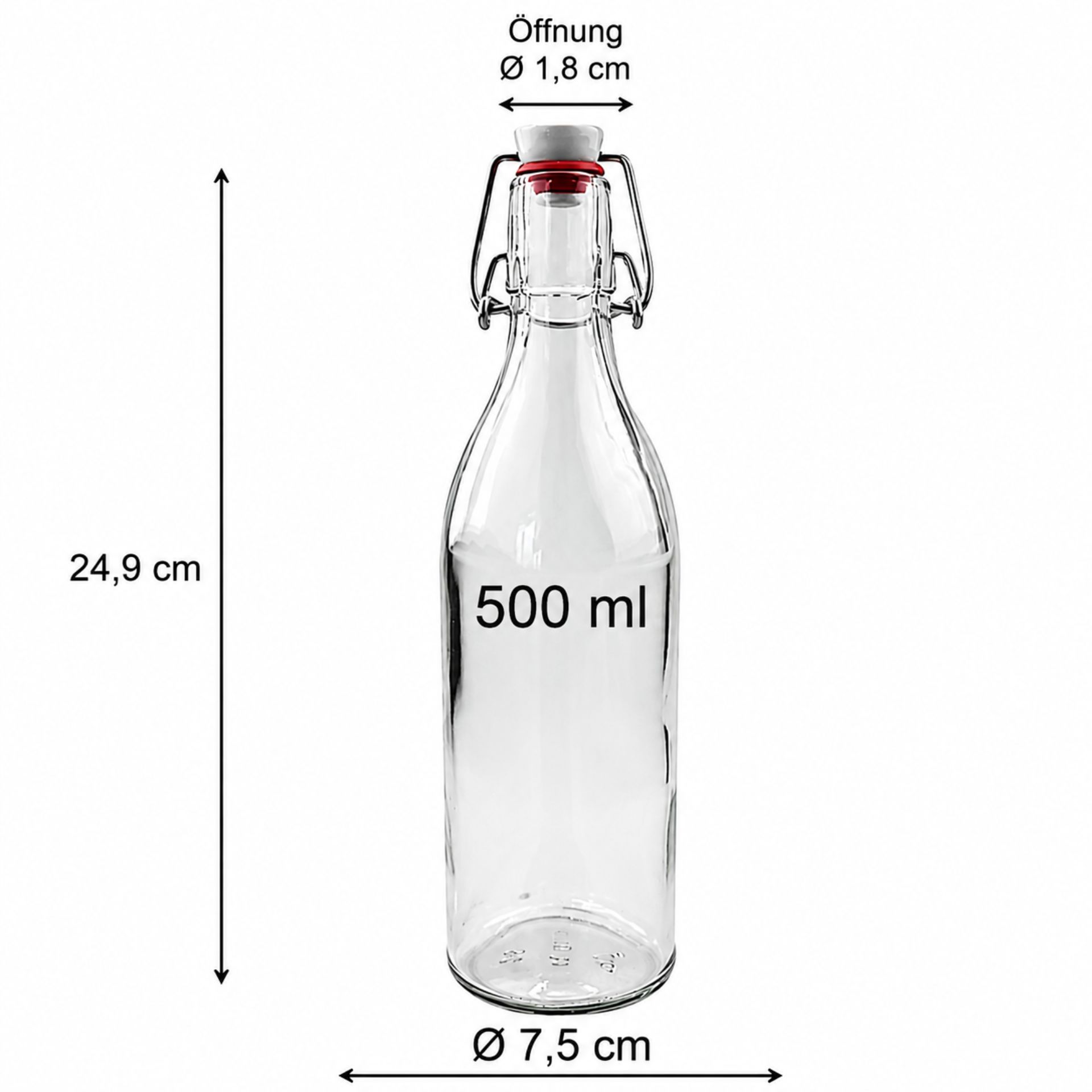 Bild einer 500 ml Glasflasche mit Bügelverschluss, Artikelnummer 82694, geeignet für Getränkeaufbewahrung, auf weißem Hintergrund.