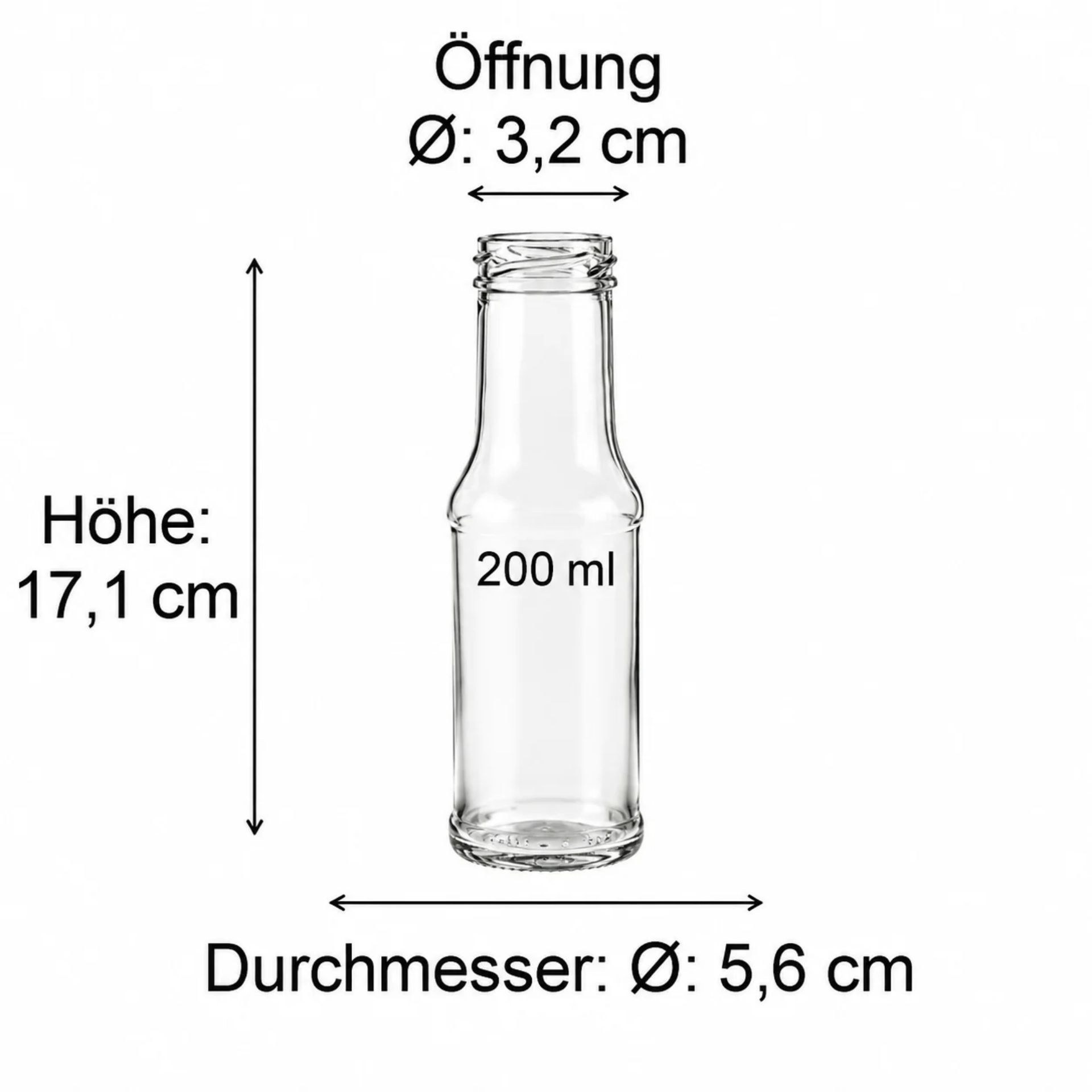 Bild einer klaren Glasflasche mit einem Fassungsvermögen von 200 ml, ideal als Saftflasche. Die Flasche hat eine zylindrische Form und einen schmalen Hals, perfekt für die Aufbewahrung und den Transport von Säften oder anderen Flüssigkeiten.