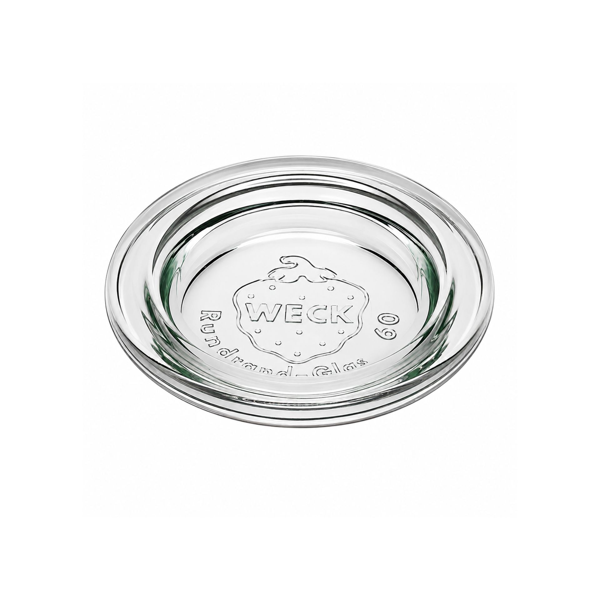 Transparenter Glasdeckel der Marke Weck mit 6 cm Durchmesser, passend für Rundrand 60, auf weißem Hintergrund.