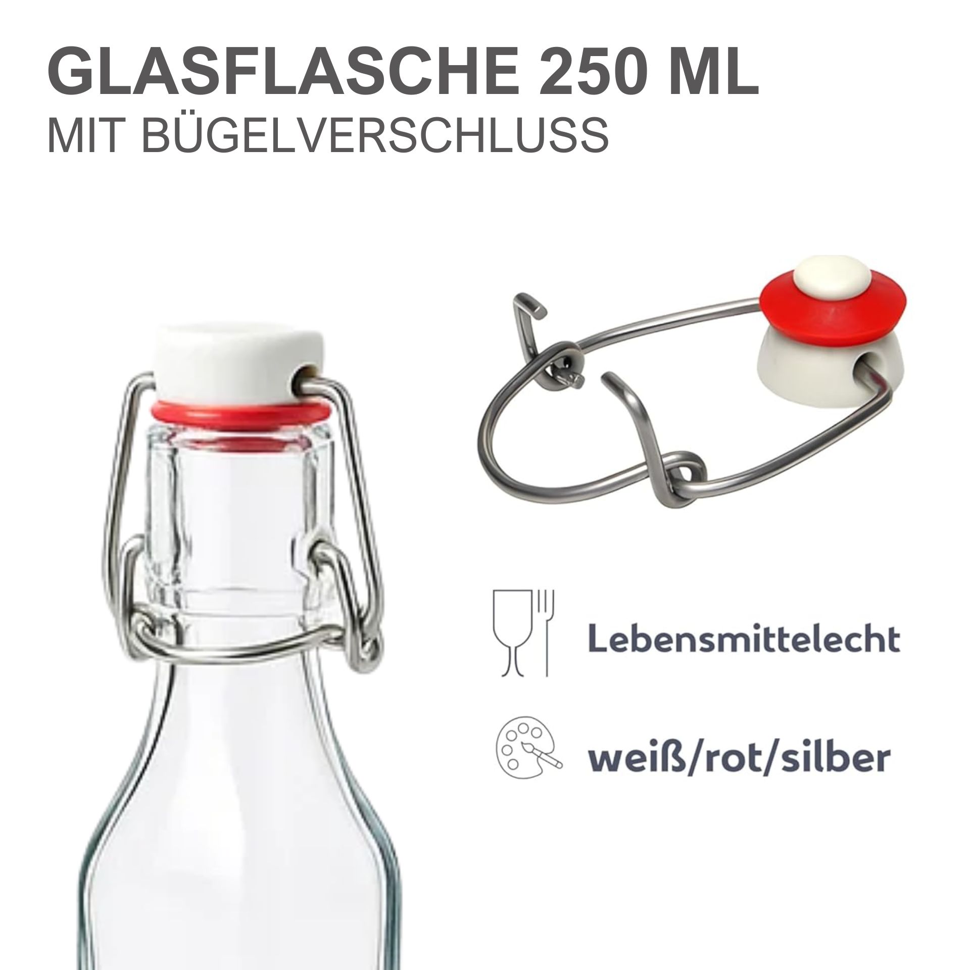 Glasflasche 250 ml eckig mit Bügelverschluss Kunststoff
