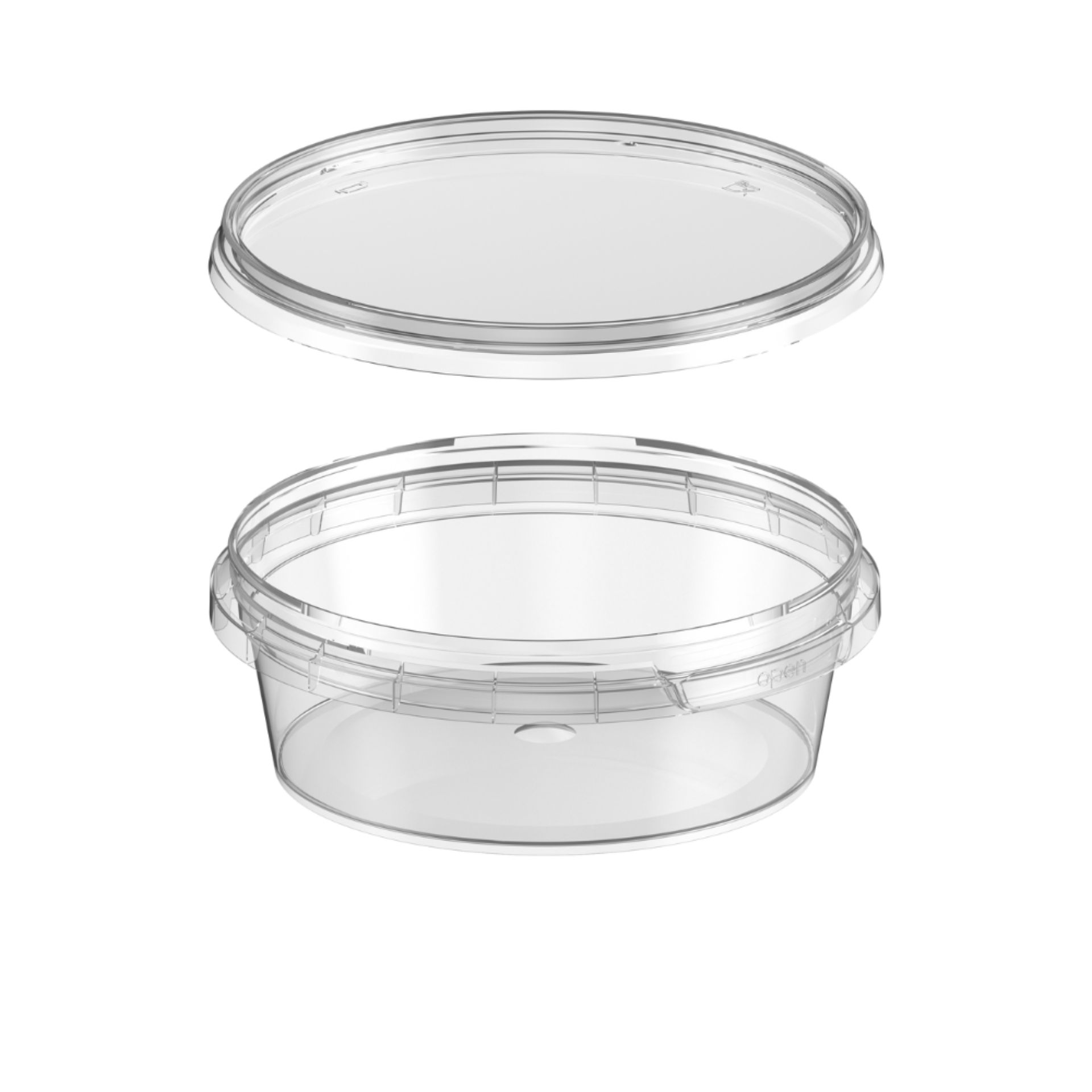 Transparente 130-ml-Kunststoffdose von mikken mit Stülpdeckel, zylindrisch geformt, auf weißem Hintergrund, sichtbar leicht glänzende Oberfläche.