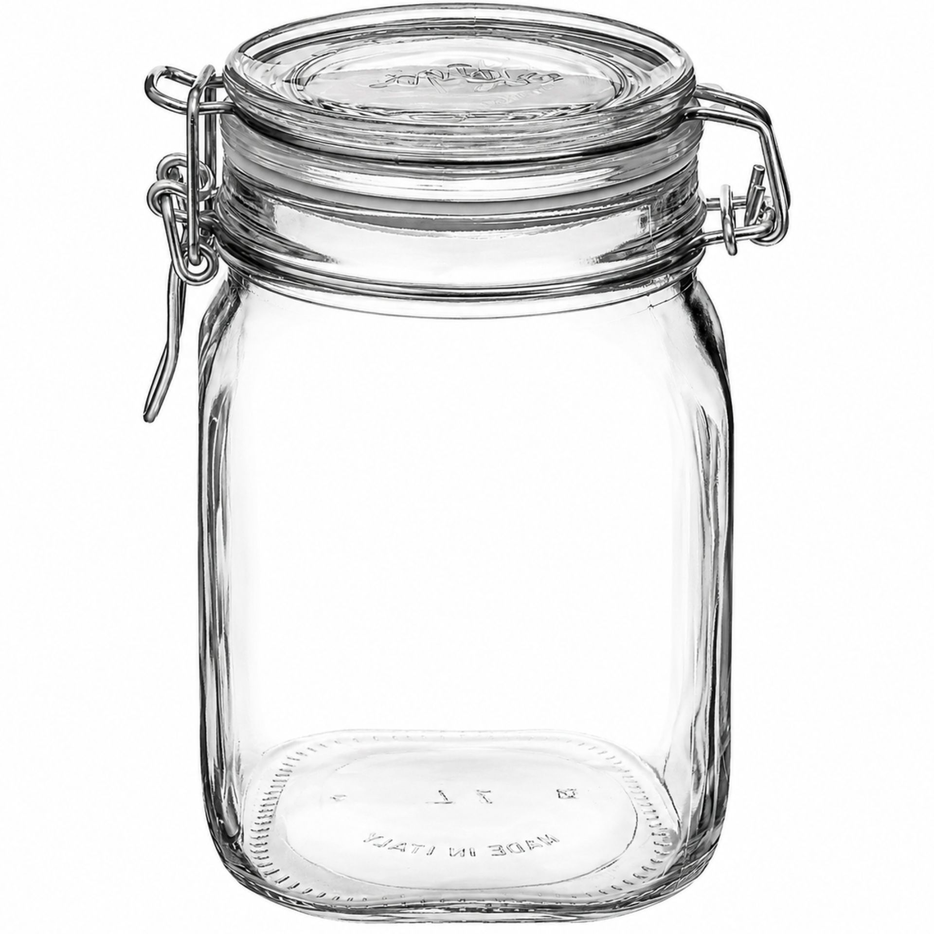 Bormioli Bügelverschlussglas 1000 ml eckig mit Drahtbügel, ideal zum Einkochen und Aufbewahren von Lebensmitteln.