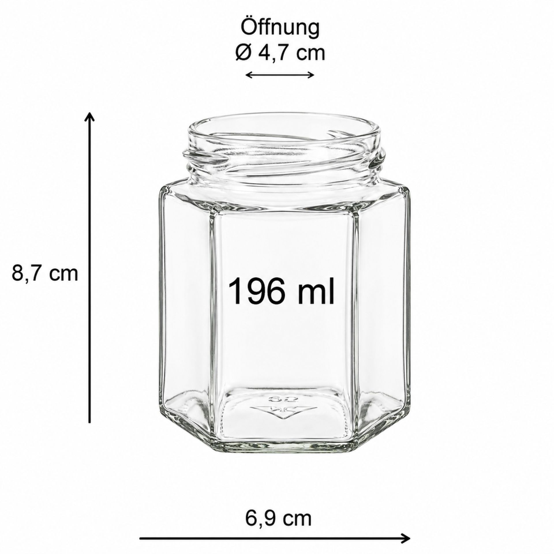 Ein Sechseck-Einmachglas mit einem Fassungsvermögen von 196 ml, erhältlich mit einem Deckel in Gold oder Silber, ideal zur Aufbewahrung von Marmeladen, Honig oder Gewürzen.