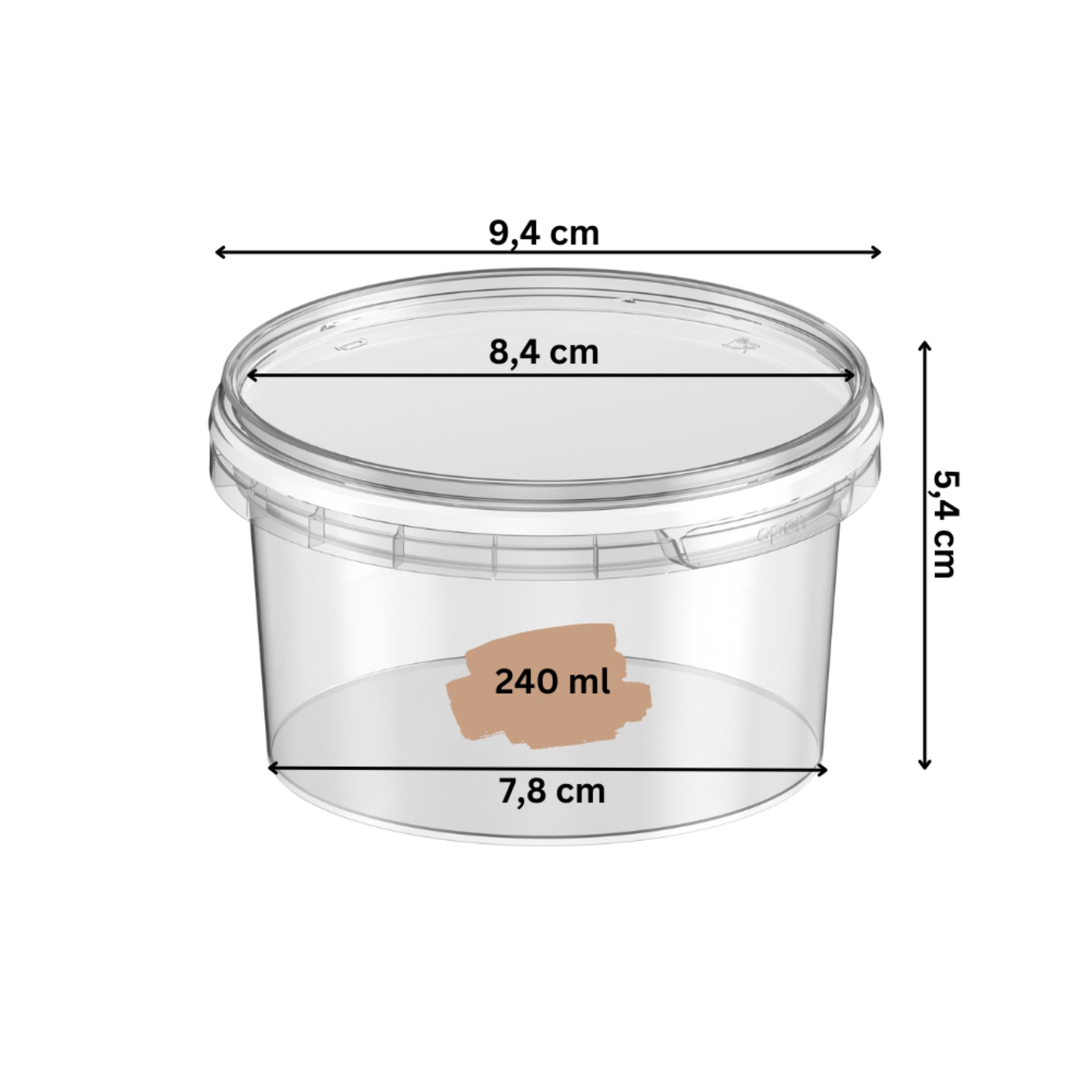 Transparenter 240-ml-Kunststoff-Feinkostbecher mit passendem Deckel, beides klar und glatt, auf weißem Hintergrund stehend.