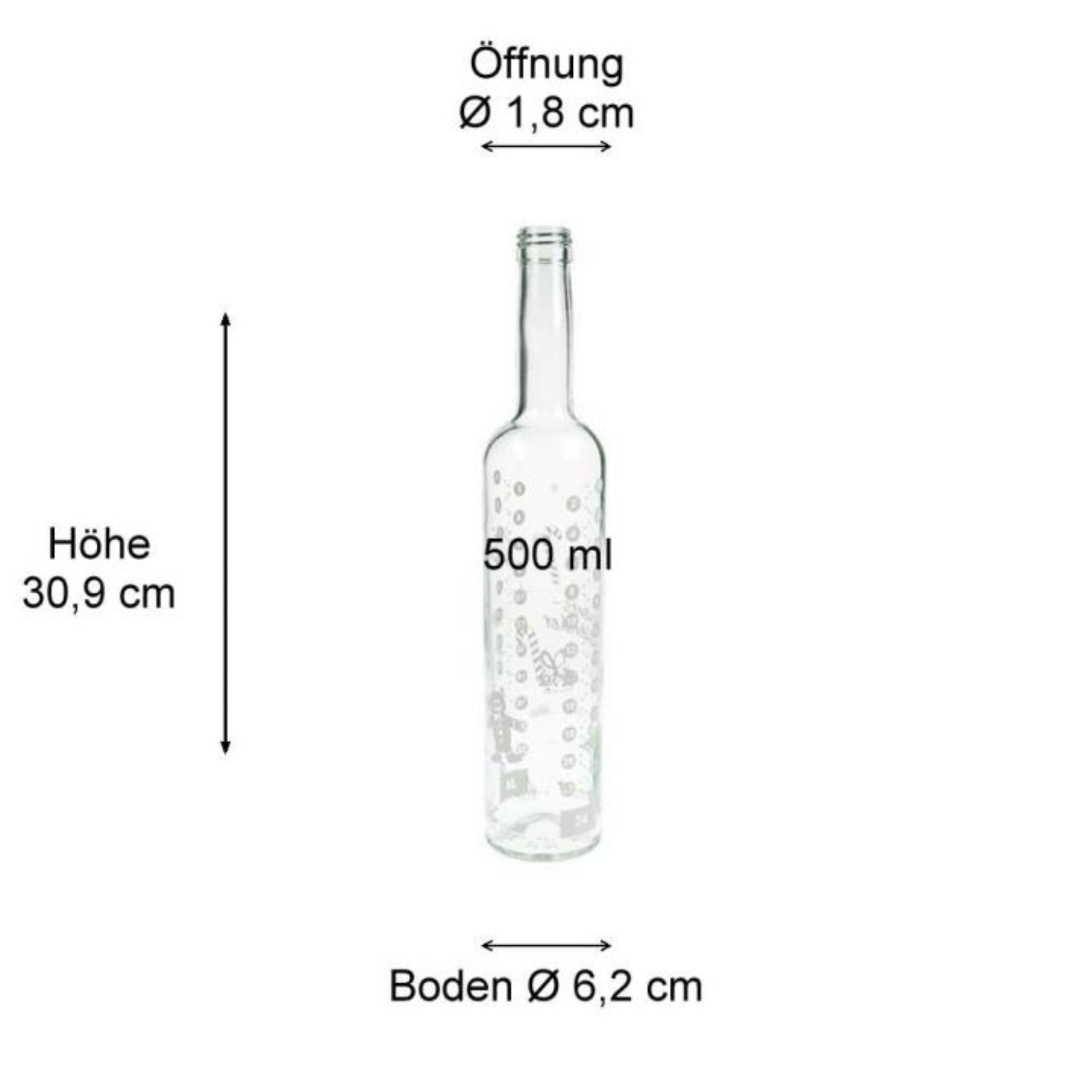 500-ml-Glasflasche mit weißem Adventskalender-Design und rotem Schraubdeckel, stehend auf weißem Hintergrund.