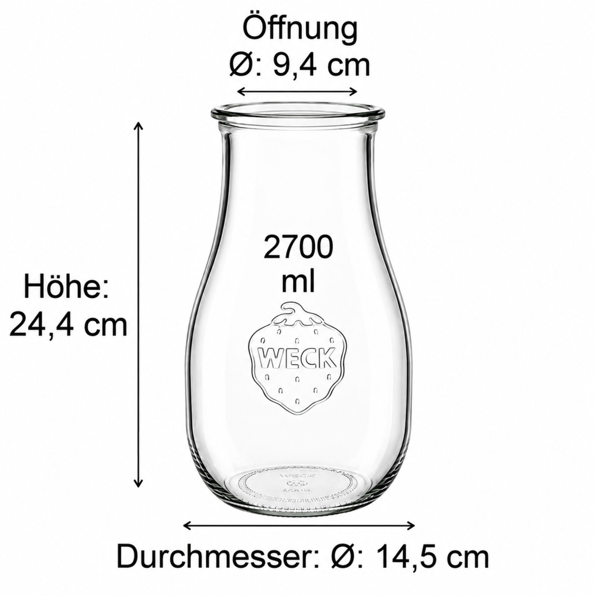 Ein Weck-Glas mit einem Fassungsvermögen von 2700 ml, abgebildet auf einem weißen Hintergrund. Das Glas hat eine zylindrische Form und ist mit einer runden Öffnung ausgestattet. Es ist ideal für die Aufbewahrung von Lebensmitteln oder zum Einmachen.