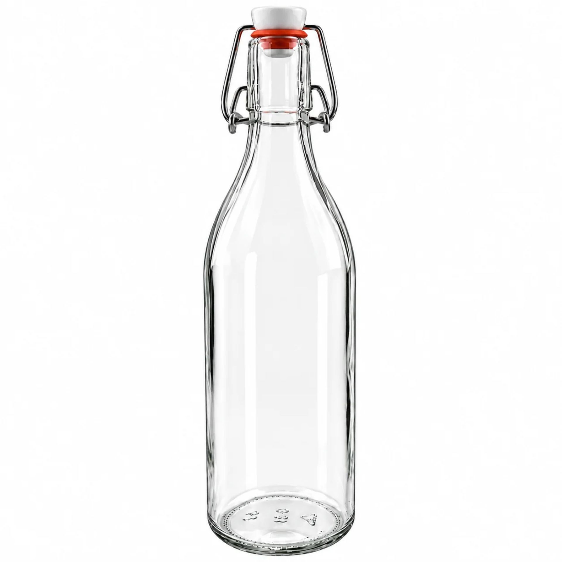 Braune Glasflasche mit Bügelverschluss, 500 ml Fassungsvermögen, stehend vor weißem Hintergrund.