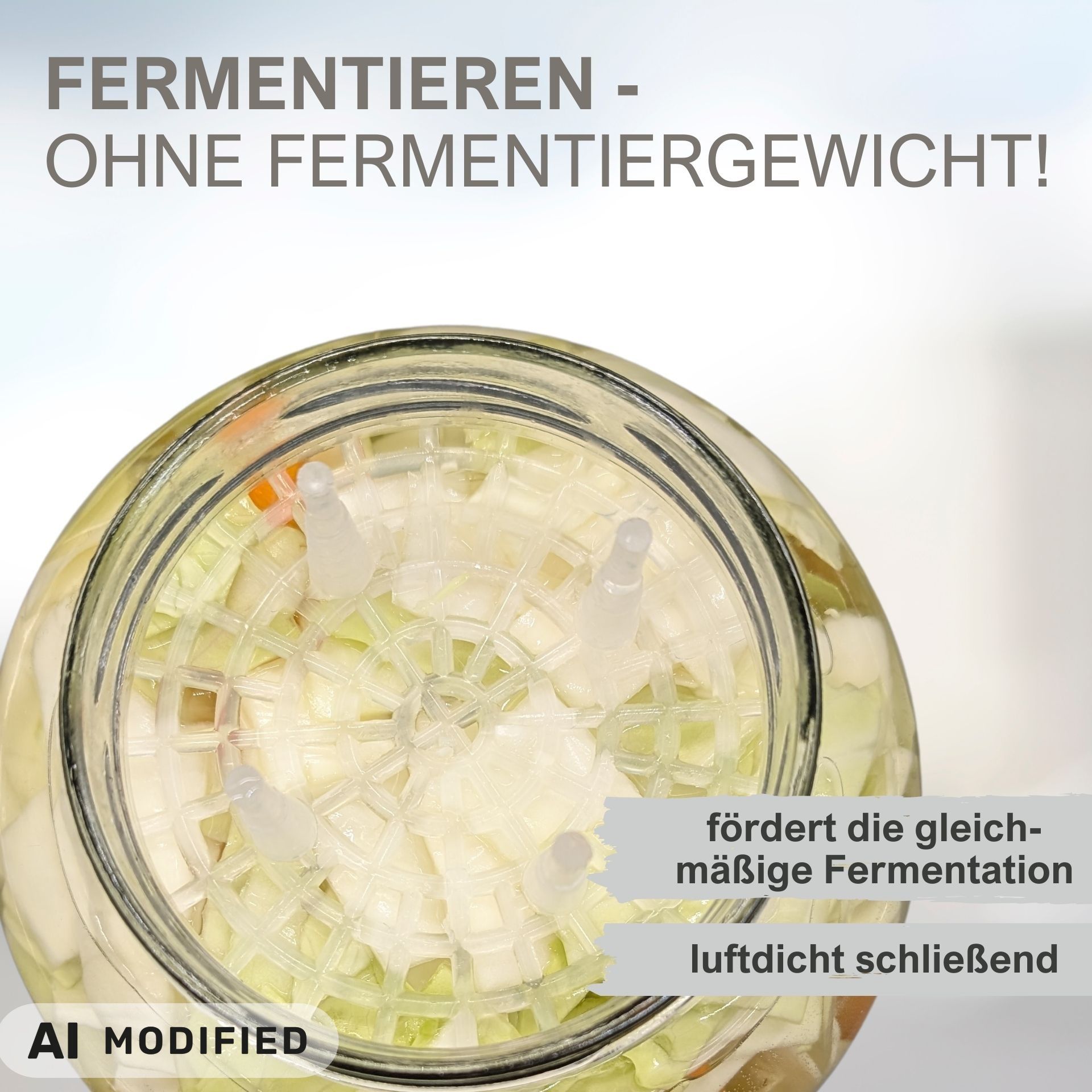 Fermentier-Set bestehend aus sechs 720-ml-Mikken-Gläsern mit Schraubdeckeln, eingelegtem Gemüse, sechs transparenten Fermentiergittern und einem Holzstößel, auf hellem Untergrund arrangiert.