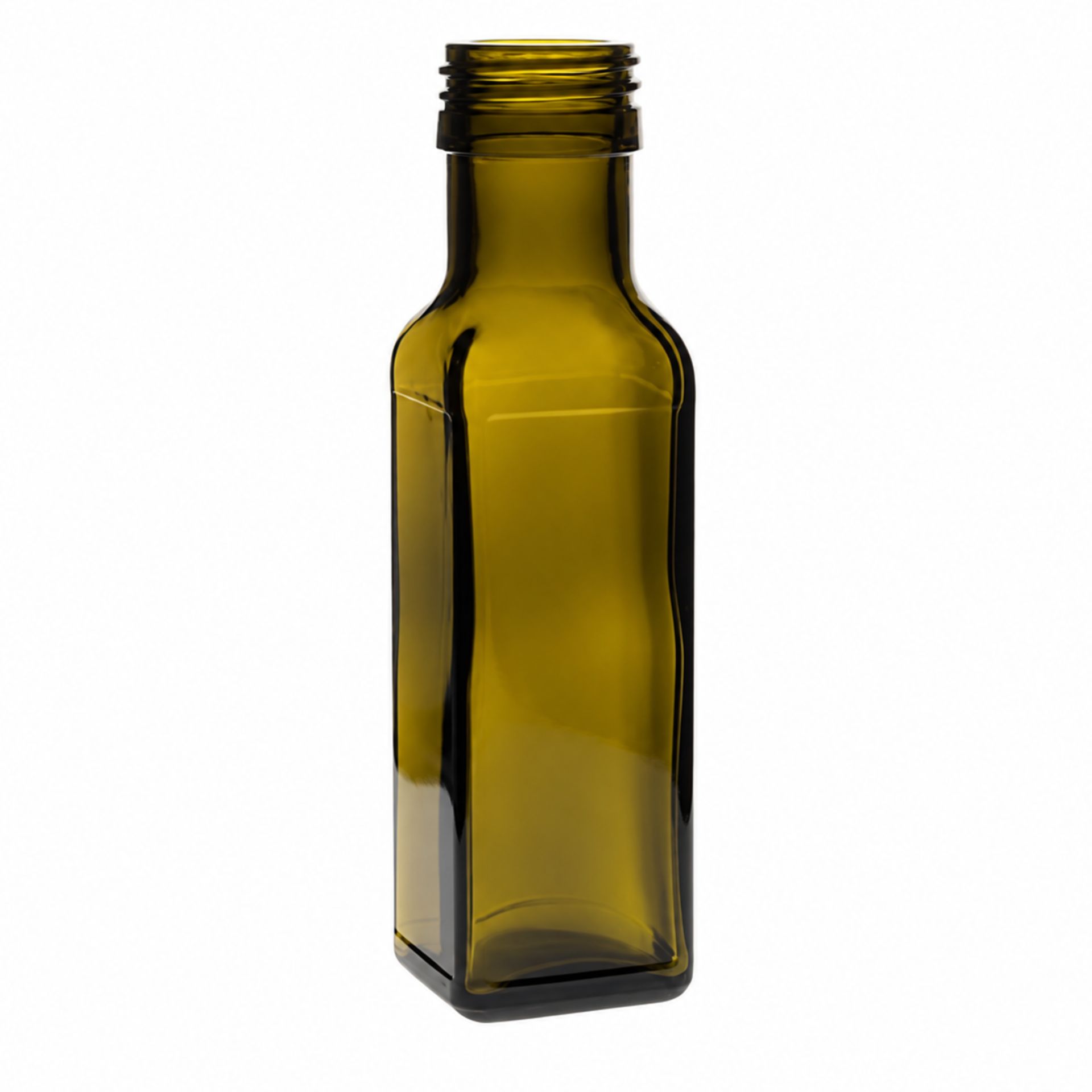 Braune, viereckige Glasflasche mit einer Kapazität von 100 ml, verschlossen mit einem gold- oder silberfarbenen Deckel - ideal für Kosmetikprodukte oder kulinarische Flüssigkeiten.