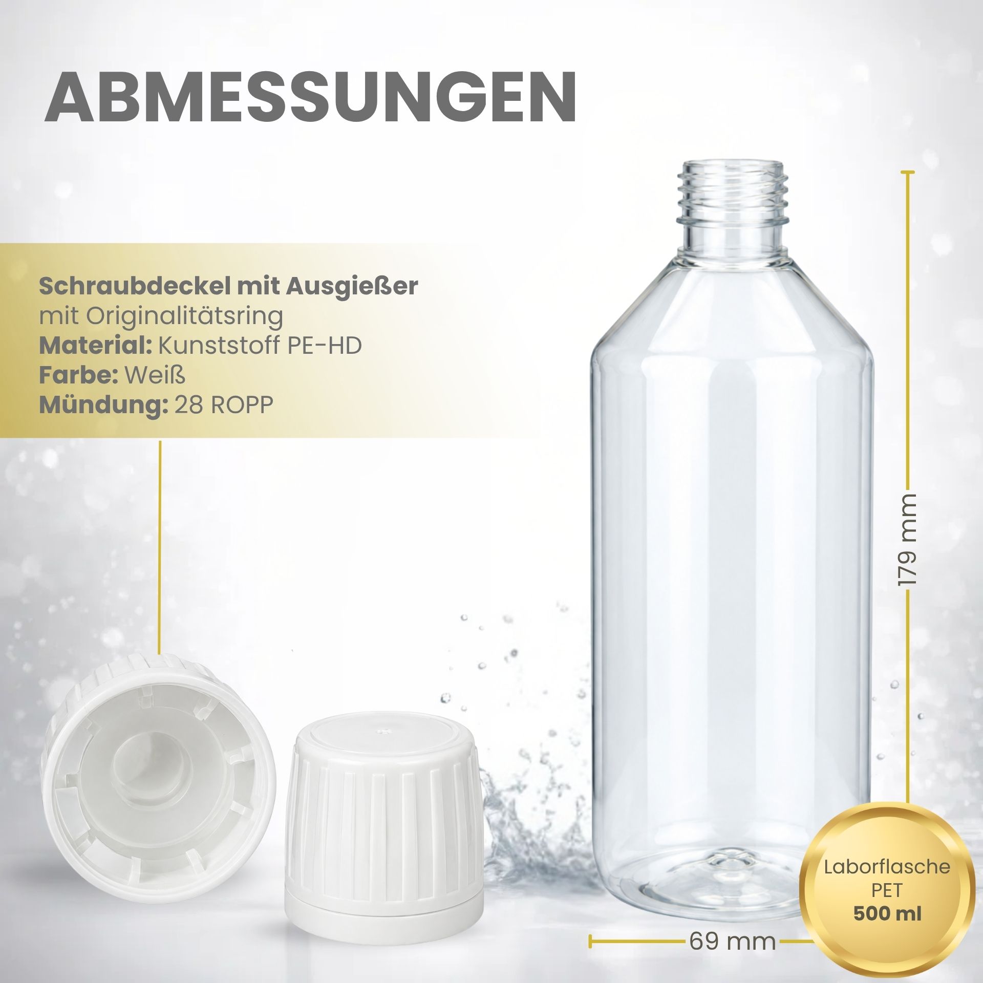 Laborflasche  500 ml PET Kunststoff Klar mit Ausgießer weiß