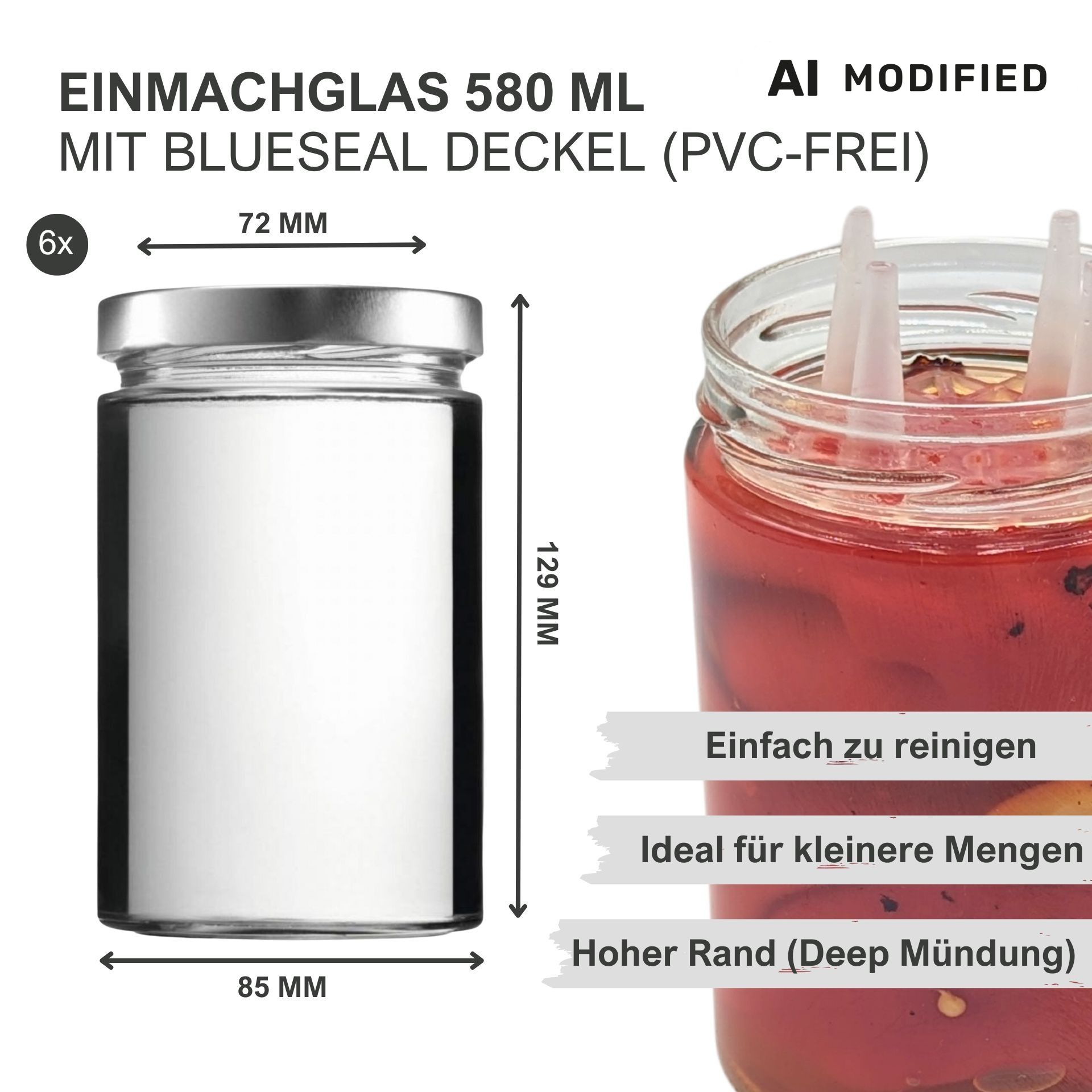 Sechs leere, transparente 580-ml-Fermentiergläser mit Deckeln und Fermentieraufsätzen aus Kunststoff, ordentlich nebeneinander auf weißem Hintergrund angeordnet.