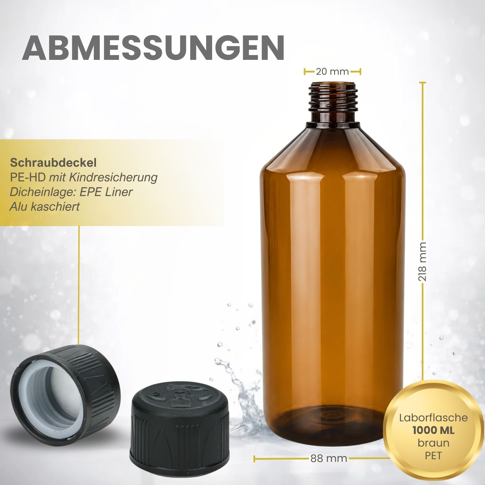 PET Flasche 1000 ml braun Laborflasche (Kindersicherung)