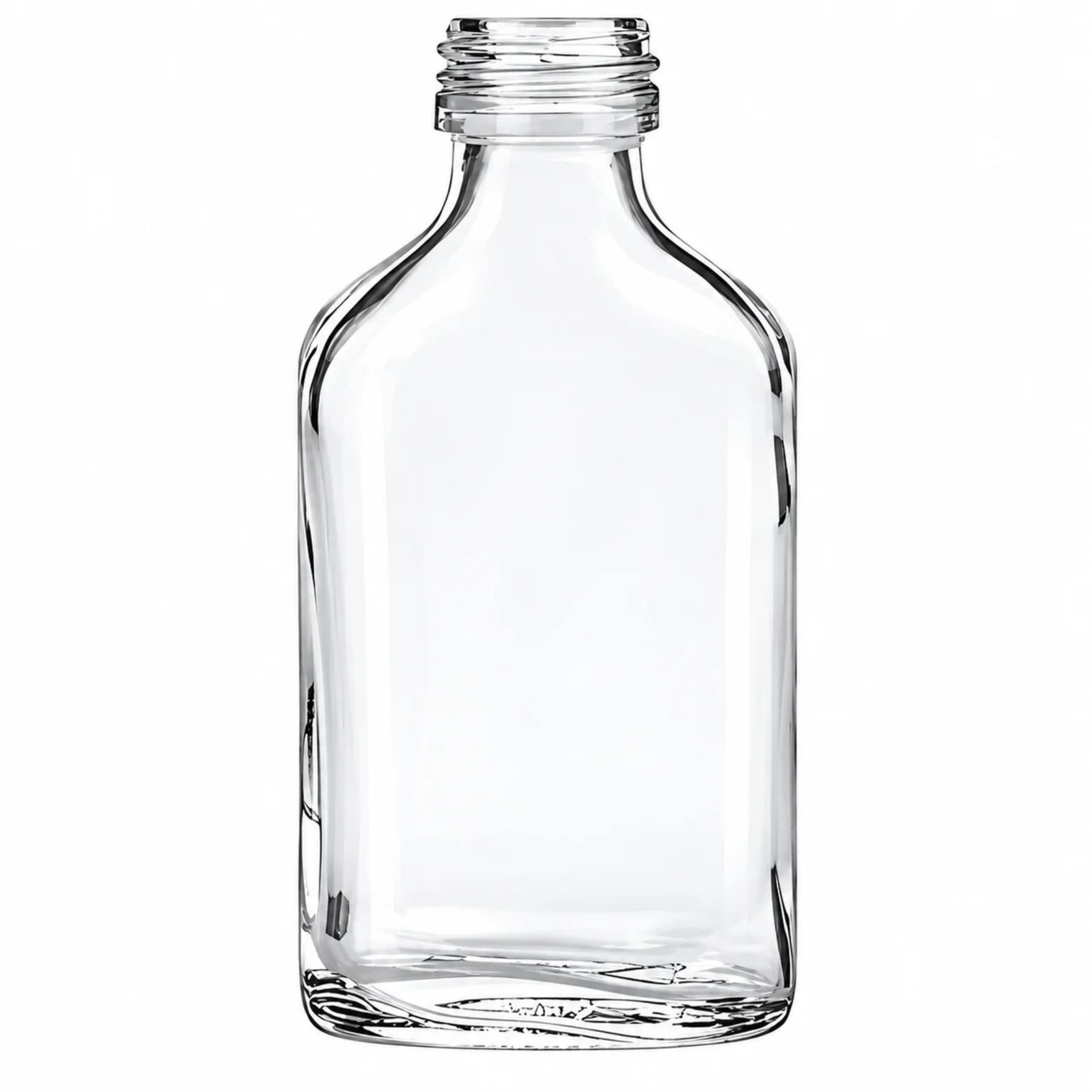 Kleine, leere Glasflasche mit einem Fassungsvermögen von 20 ml, stehend vor weißem Hintergrund; die Flasche hat eine zylindrische Form und ist mit einem goldfarbenen Schraubdeckel verschlossen.