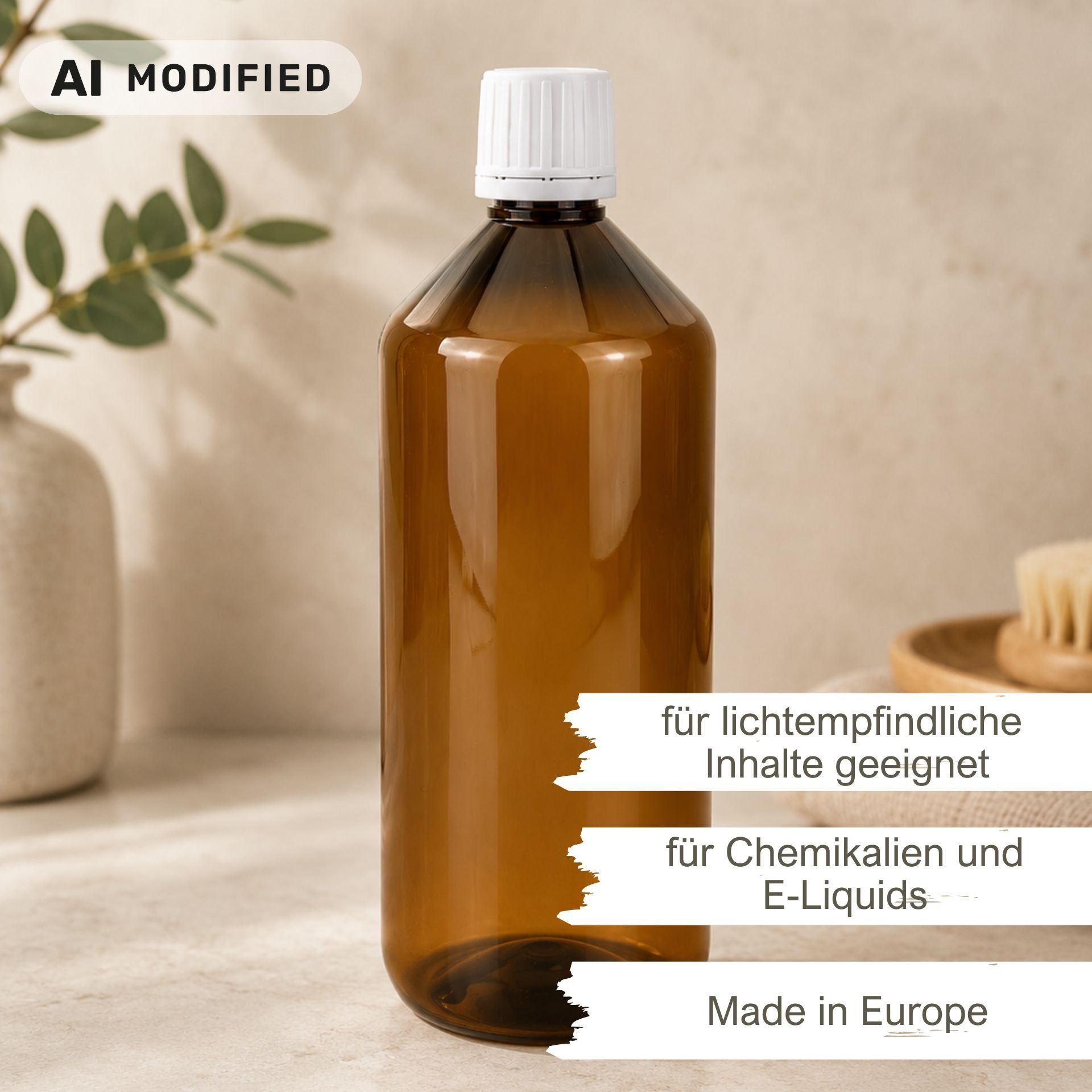 Laborflasche 1000 ml PET braun Kunststoff mit Ausgießer weiß
