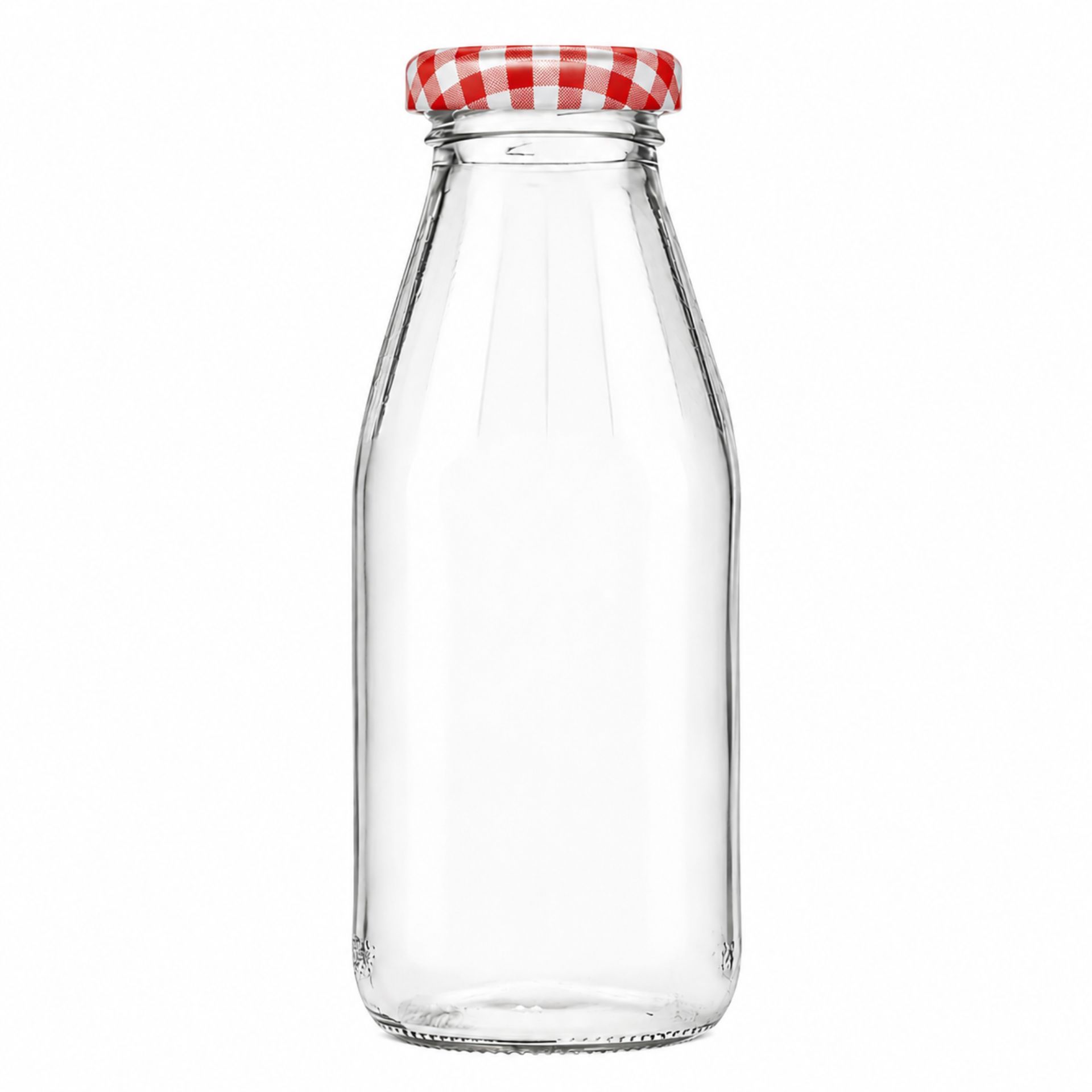 Acht leere, durchsichtige Glasflaschen mit Bügelverschluss stehen in zwei Reihen auf weißem Hintergrund.