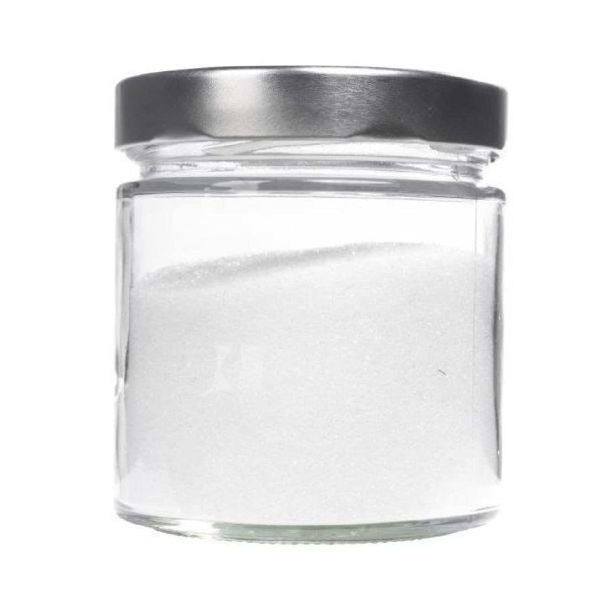 410-ml-Vorratsglas aus transparentem Glas mit silbernem Schraubdeckel, stehend auf weißem Hintergrund.