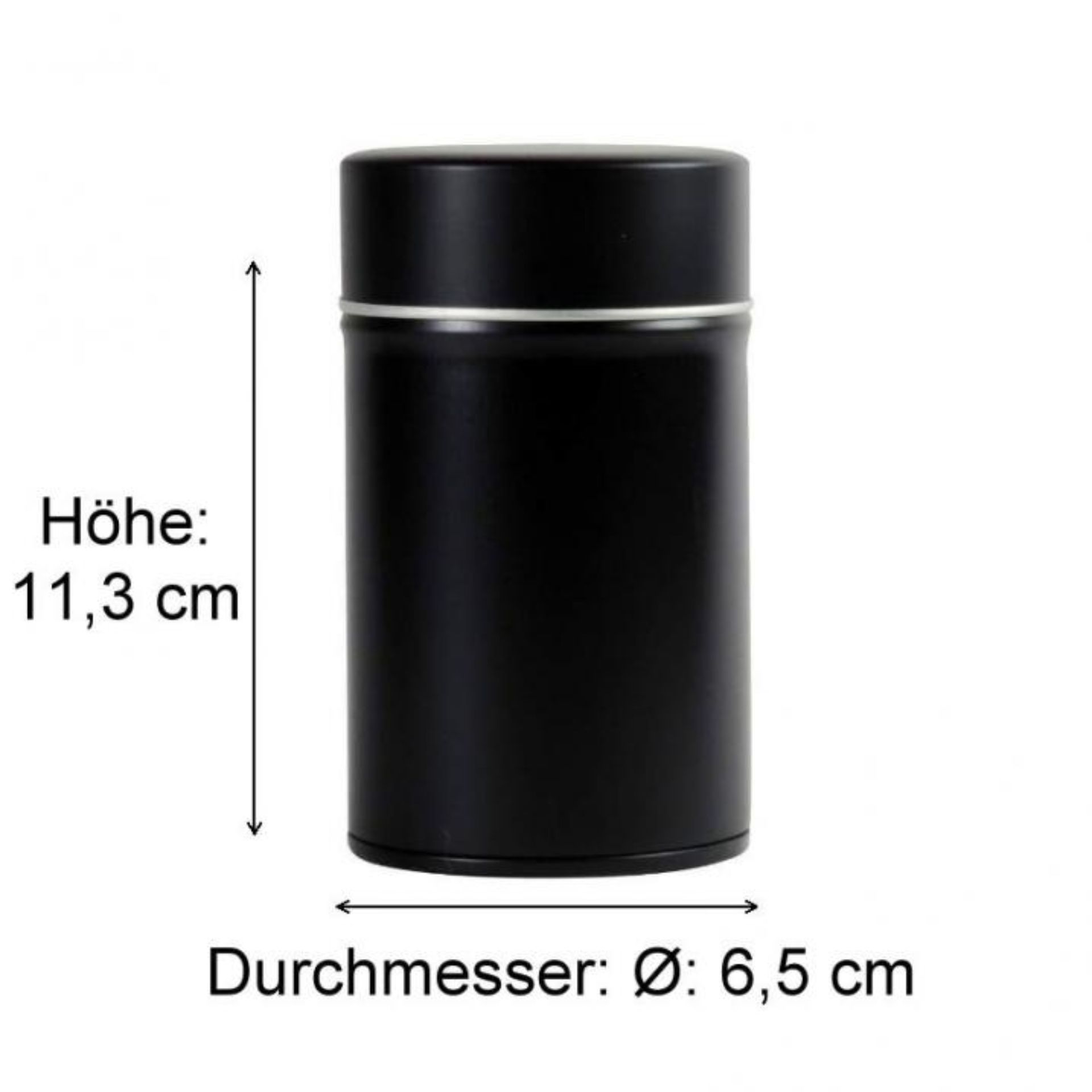 Abbildung einer silbernen Getränkedose in Seitenansicht mit detaillierten Maßen; perfekte Lösung für Verpackungsdesign und Produktpräsentationen.