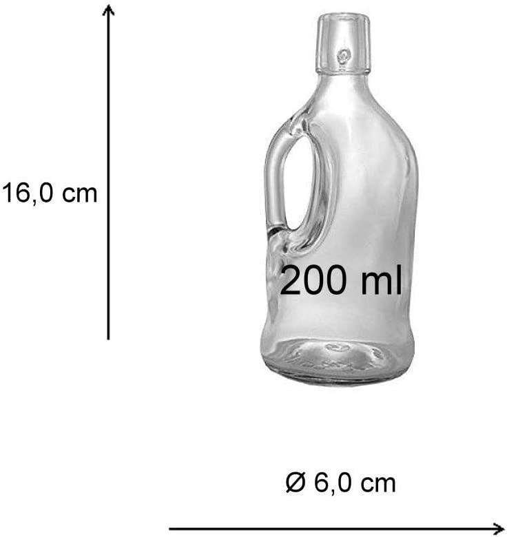 Bügelglasflasche mit Henkel 250 ml - Hochwertige Glasware für Getränke & Dekoration 250-ml-Bügelglasflasche mit Henkel aus klarem Glas, auf weißem Hintergrund stehend, mit Metallbügelverschluss und rotem Gummiring.