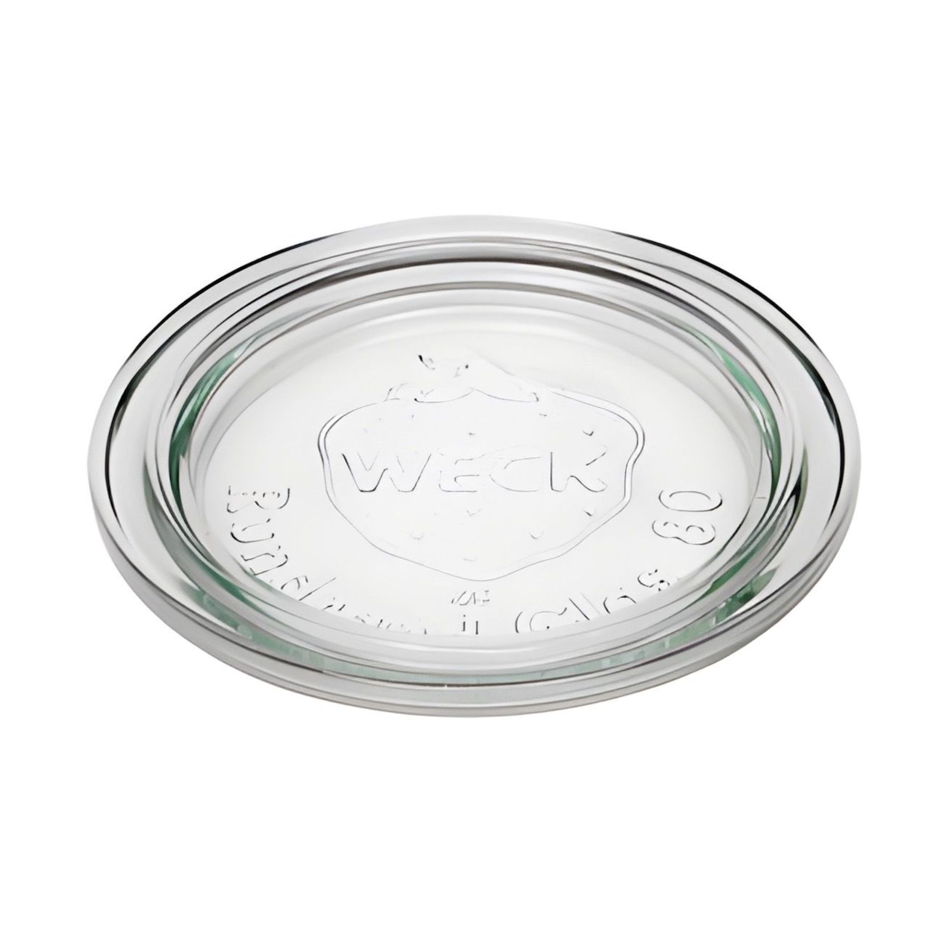 Runder, transparenter Weck-Glasdeckel mit 80 mm Durchmesser, flacher Form und geprägtem WECK-Logo in der Mitte, auf weißem Hintergrund.