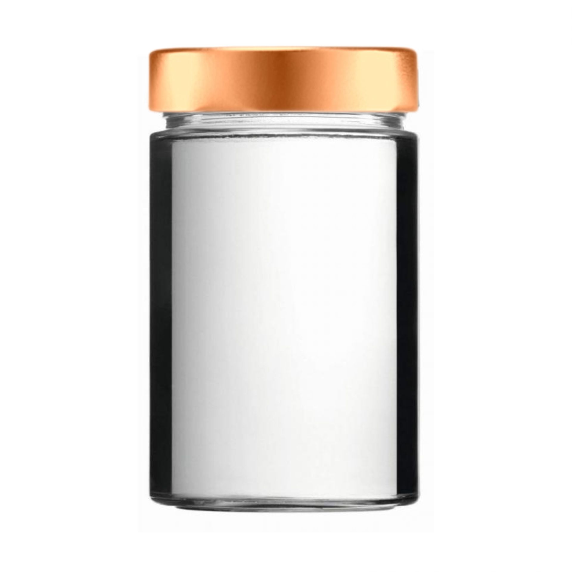 Transparentes, zylindrisches Einmachglas mit goldfarbenem Schraubdeckel, auf weißem Hintergrund stehend.