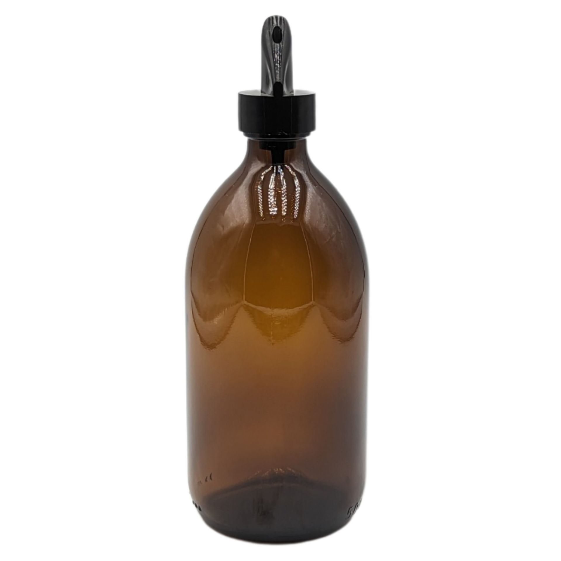 Leere, zylindrische Glasflasche mit 500 ml Fassungsvermögen, klar und transparent, mit Schraubgewindeverschluss, stehend vor weißem Hintergrund.