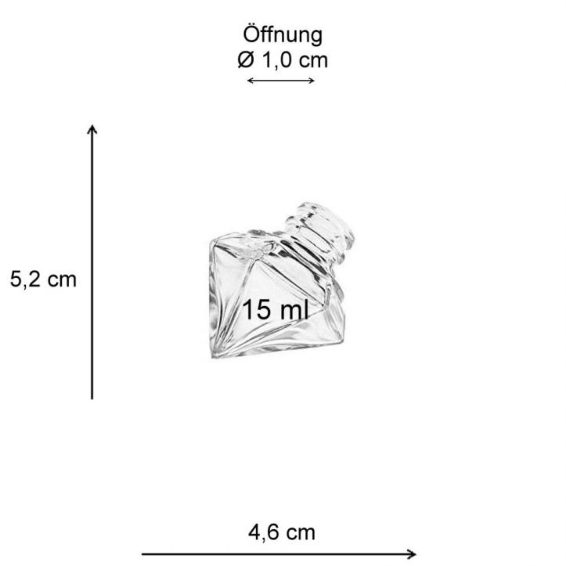 Bild einer transparenten 15 ml Diamantflasche mit silbernem Schraubverschluss, ideal für kosmetische Produkte wie Nagellack oder Parfümöle. Die Flasche steht vor einem neutralen, weißen Hintergrund. Optimale Wahl für professionelle Präsentationen und Prod