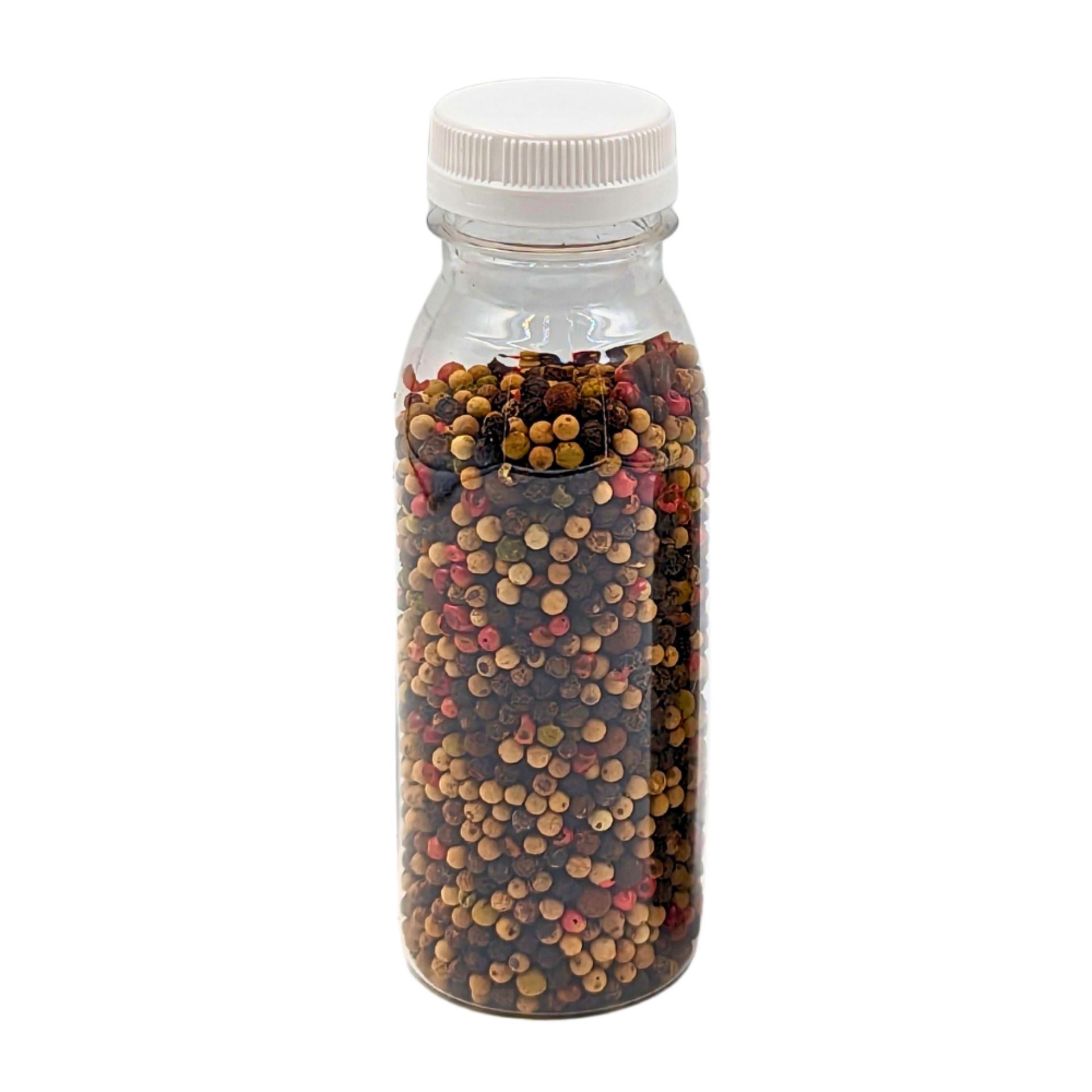 250-ml-Smoothieflasche aus transparentem Kunststoff mit weißem Schraubverschluss, stehend auf weißem Hintergrund.