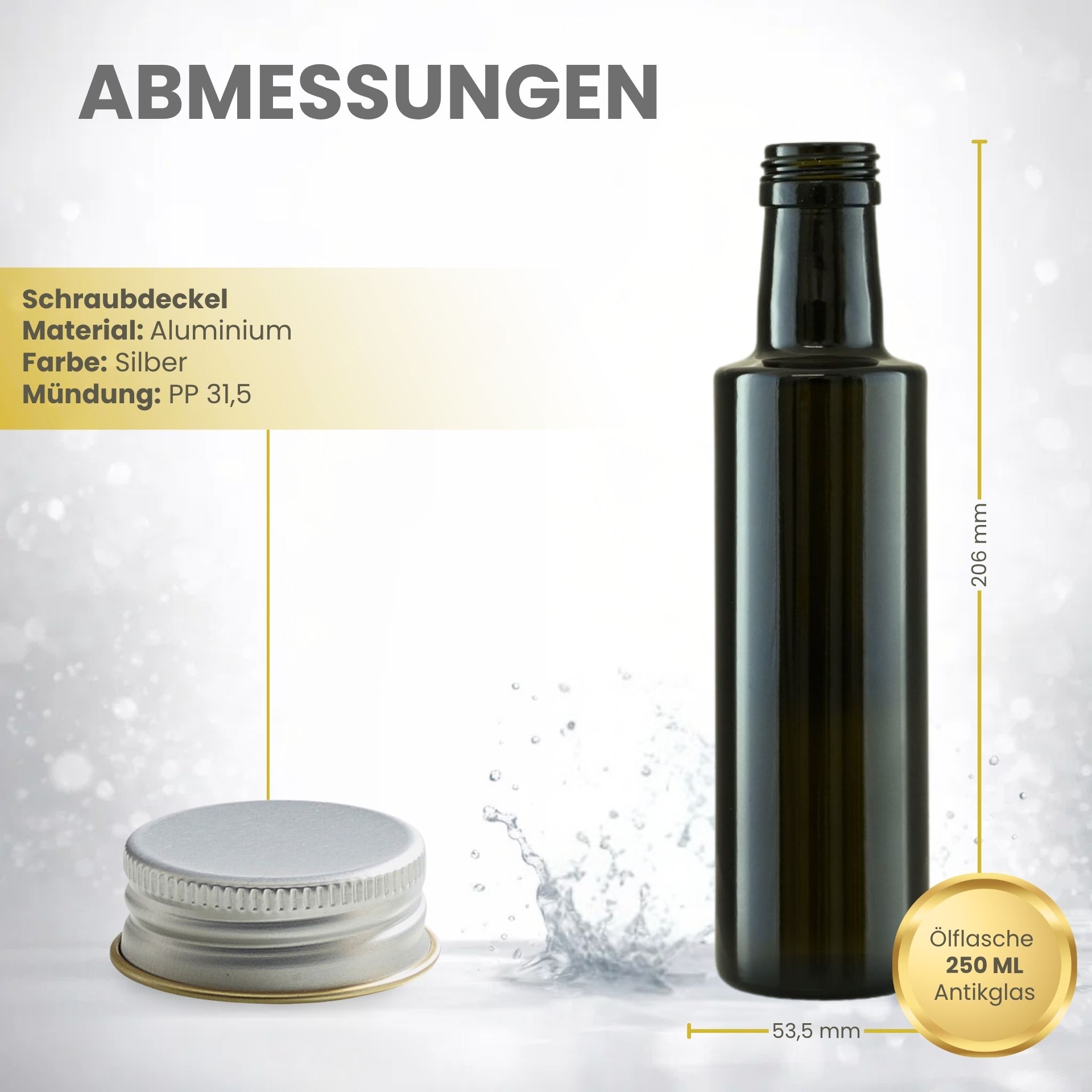 Glasflasche 250 ml rund Antik mit Deckel Silber