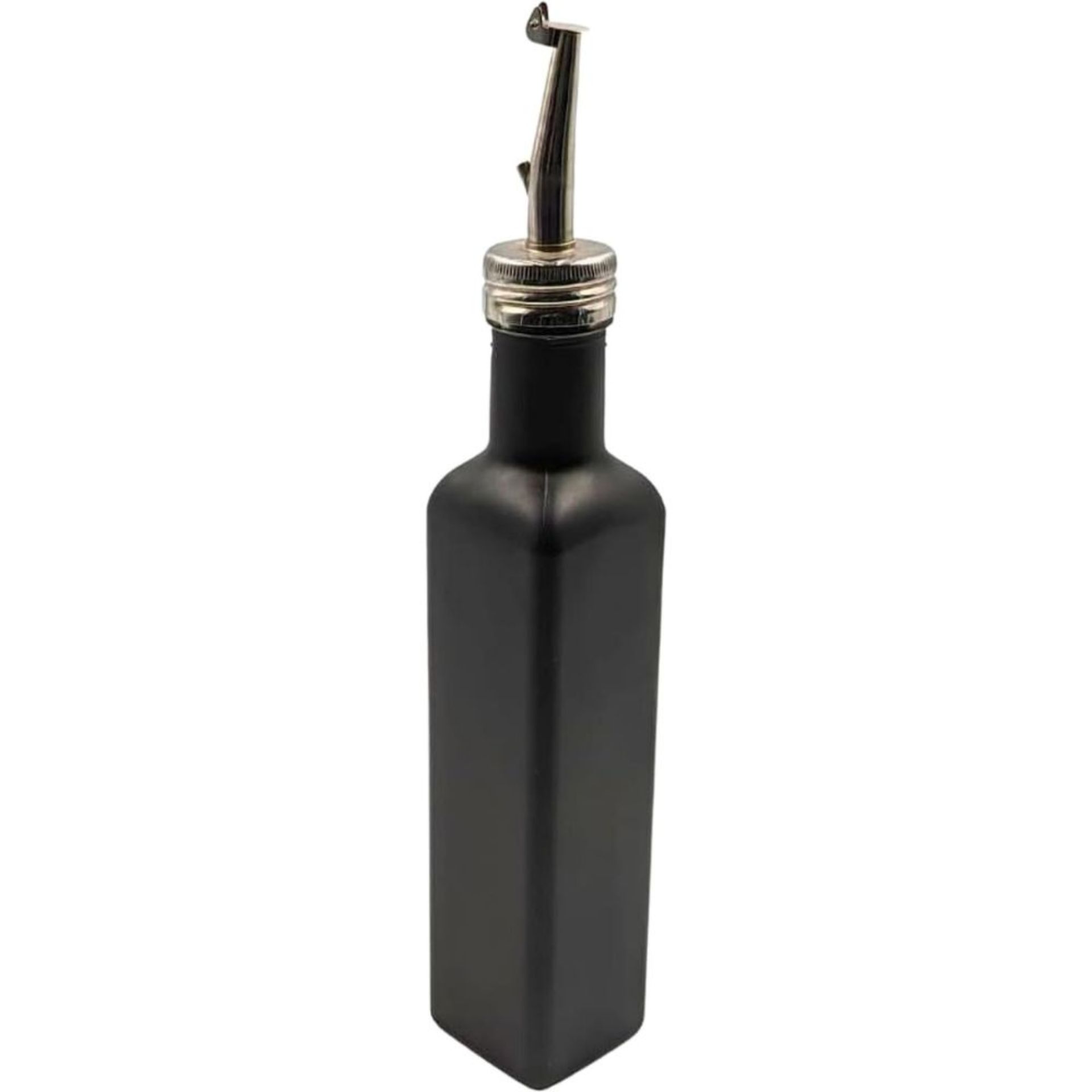 Schwarze Edelstahl-Thermoflasche in zylindrischer Form mit abgerundeter Kappe, stehend vor neutralem Hintergrund.