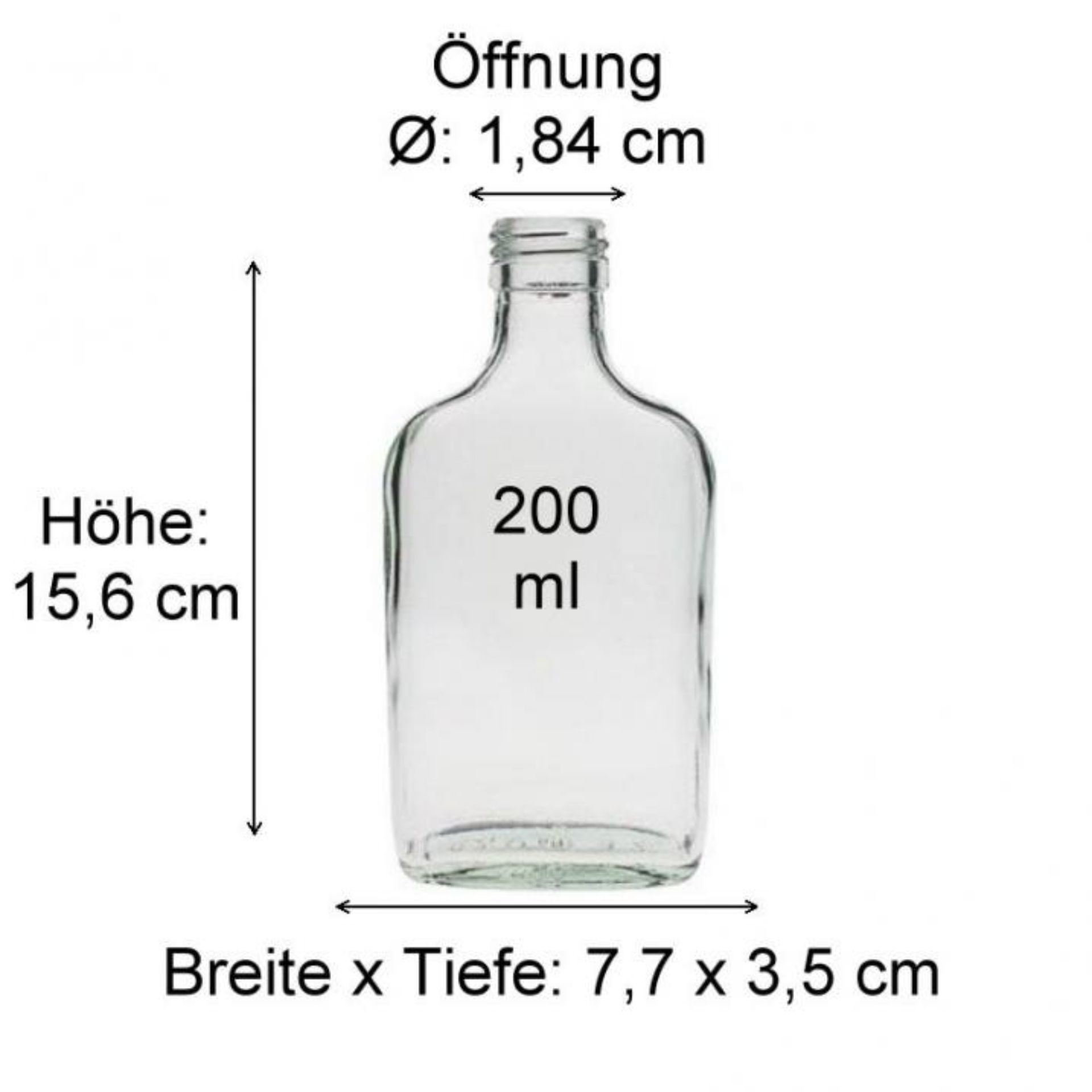 Taschenflasche 200 ml mit Abmessungen – Hochwertiges Bild einer kompakten, tragbaren Glasflasche ideal für unterwegs. Perfekt für Alkohol oder andere Flüssigkeiten, stilvoll und funktional für Reisen oder Ausflüge.