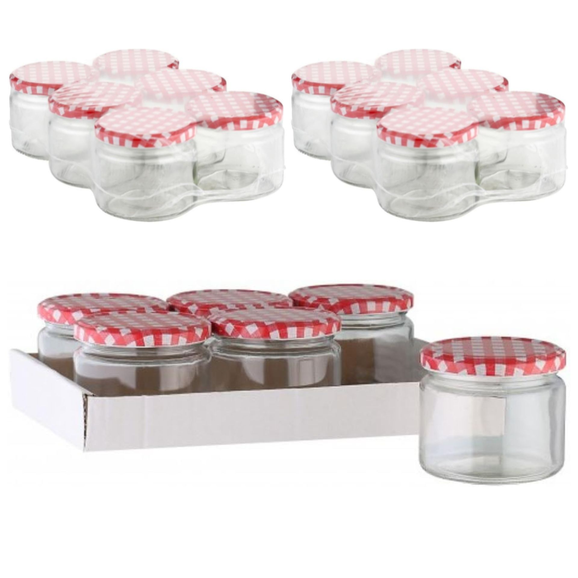 18-teiliges Set aus 330-ml-Einmachgläsern mit rot-weiß karierten Twist-Off-Deckeln, gleichmäßig angeordnet vor einer neutralen weißen Hintergrundfläche.