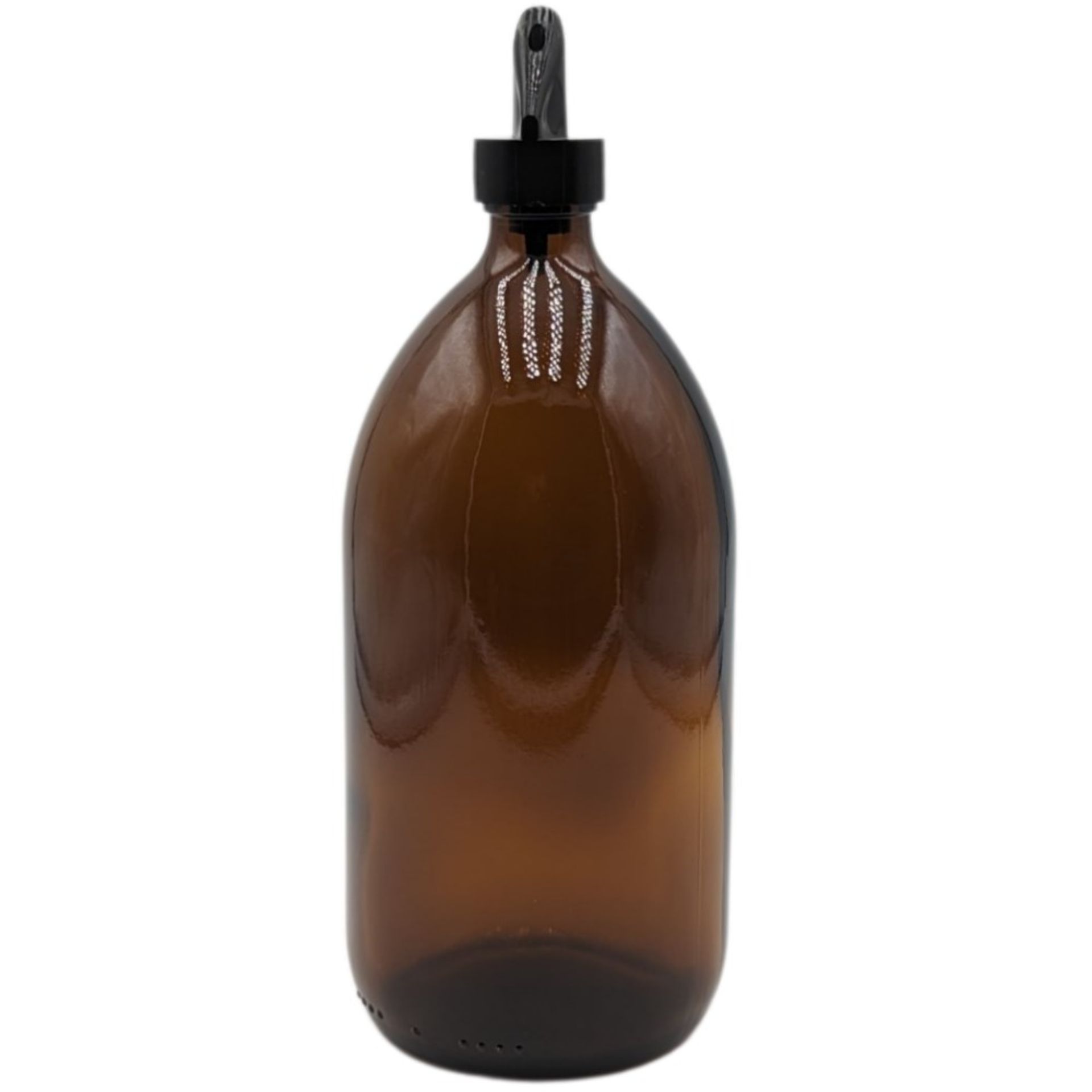 Klare 1000-ml-Glasflasche mit silbernem Schraubverschluss, stehend vor weißem Hintergrund.