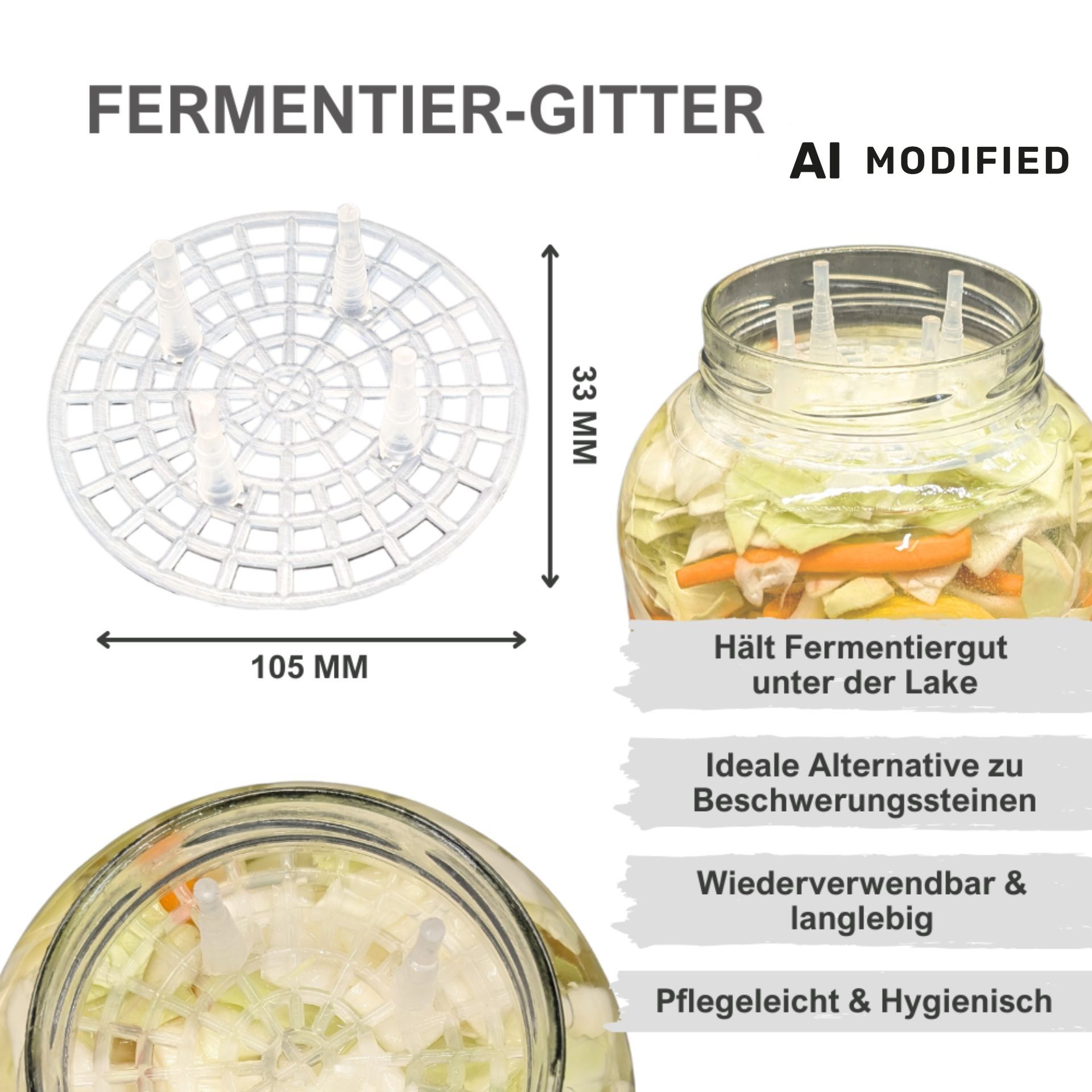 Rundes Fermentiergitter aus durchsichtigem Kunststoff mit mehreren Schlitzen und vier erhöhten Füßen, auf weißem Hintergrund.