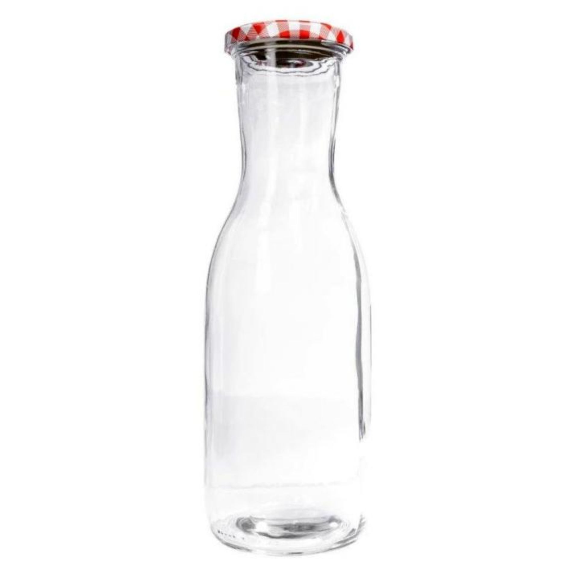 Klare 1-Liter-Weithalsflasche aus transparentem Glas mit Schraubverschluss, stehend auf weißem Hintergrund.
