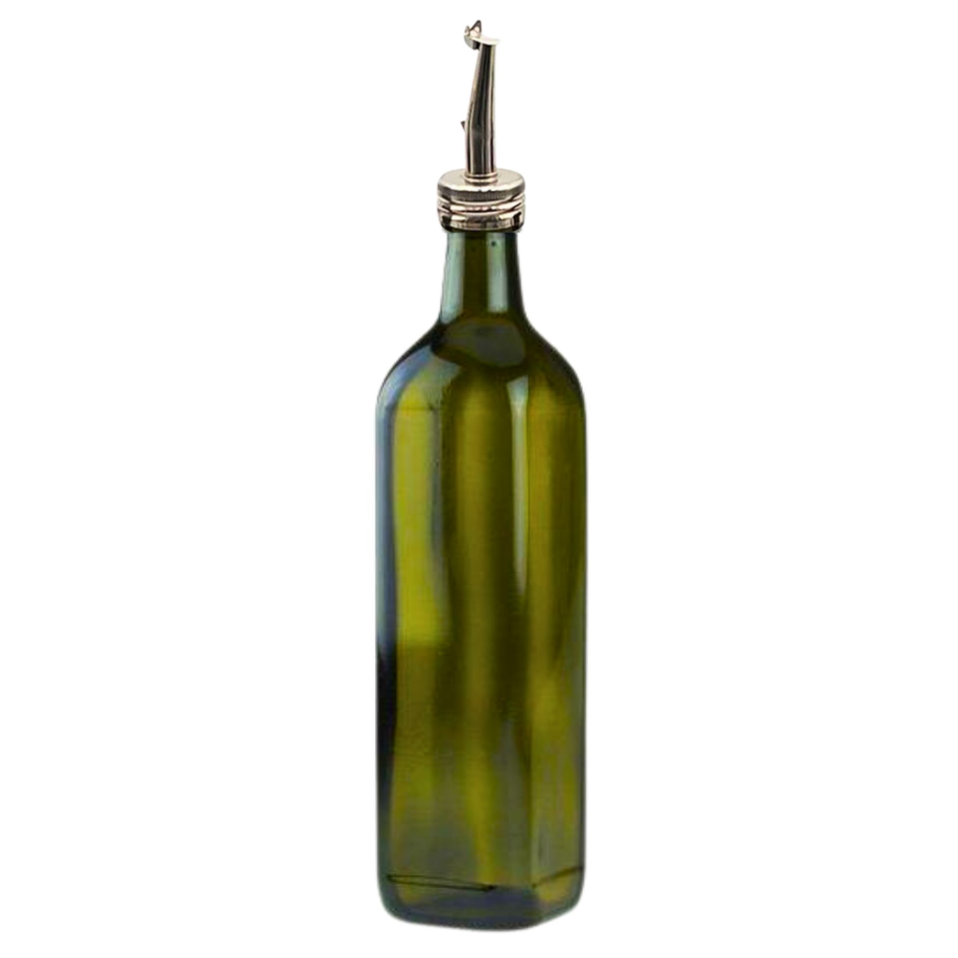 Zwei leere, durchsichtige, zylindrische Glasflaschen mit Schraubverschluss, stehend nebeneinander auf weißem Hintergrund; die linke Flasche zeigt eine leicht geschwungene Schulterpartie, die rechte ist kantiger geformt.