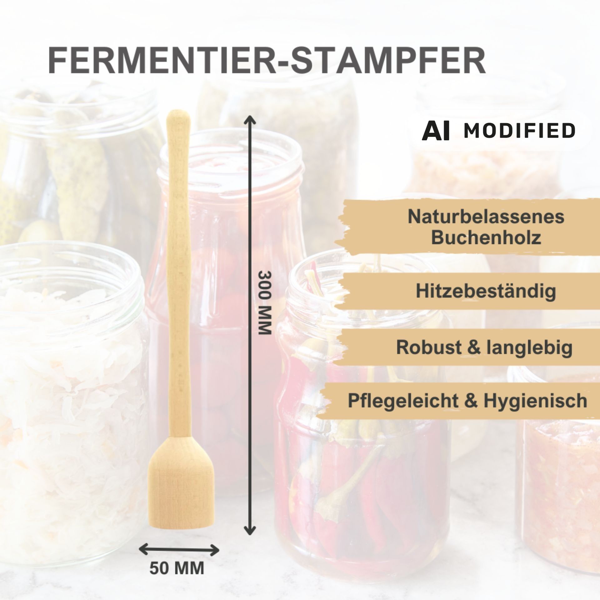Holz-Fermentierstampfer mit rundem Griff und abgerundeter, leicht konischer Stampffläche, liegend auf weißem Hintergrund.