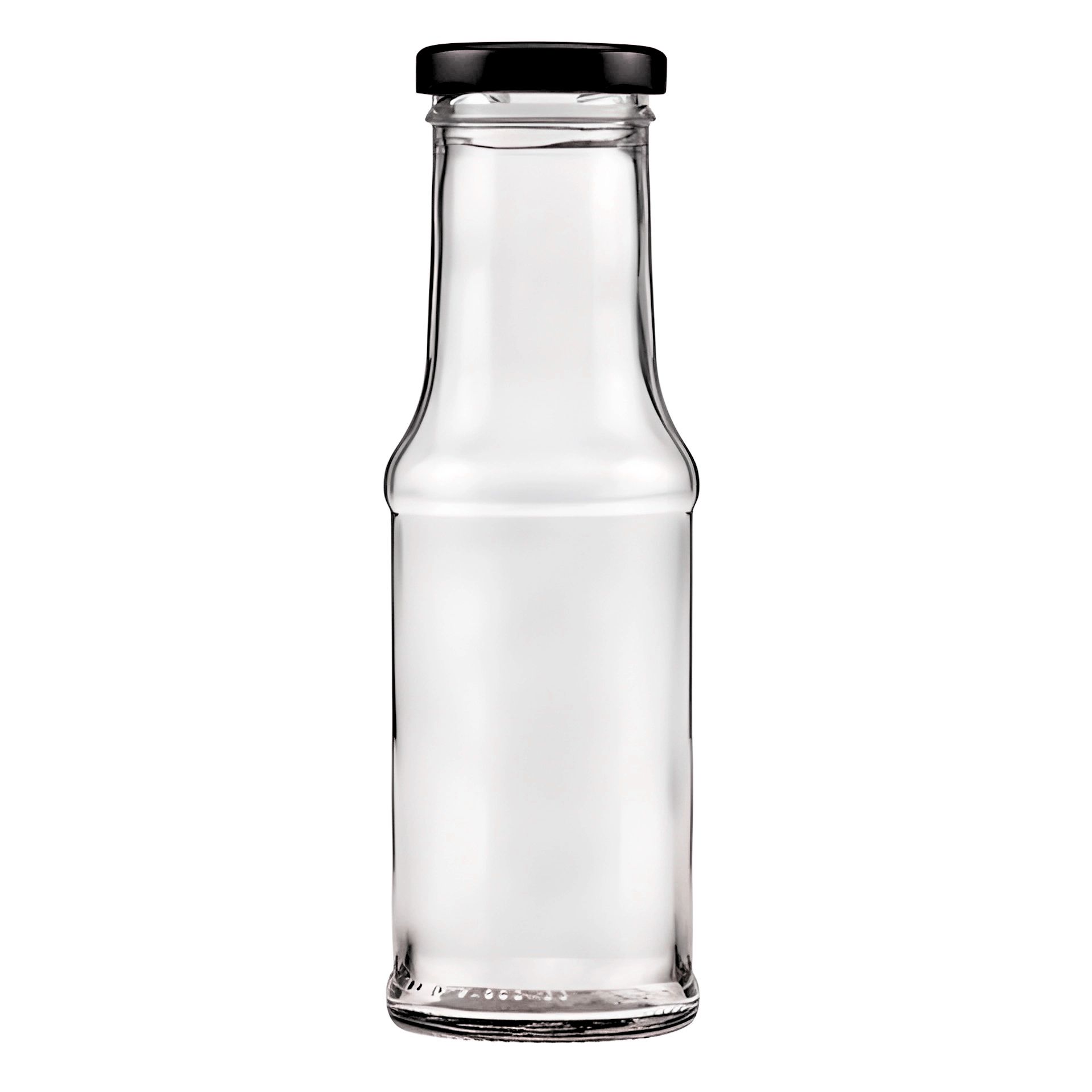 Klare Glasflasche mit 200 ml Fassungsvermögen, gefüllt mit orangem Saft, verschlossen mit einem schwarzen Schraubdeckel, vor neutralem Hintergrund.
