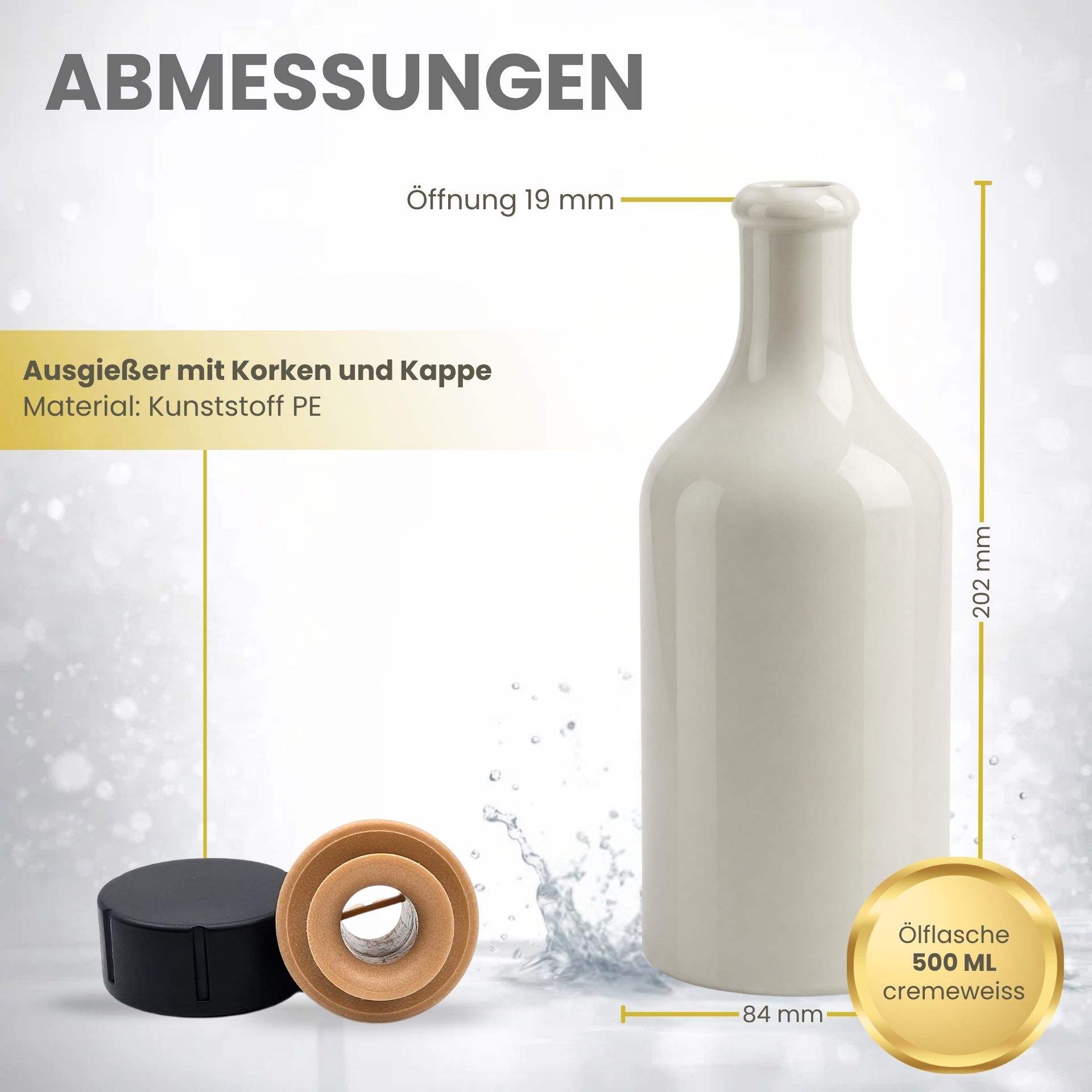 Ölflasche 500 ml Steingut Cremeweiß mit Ausgießer und Kappe schwarz